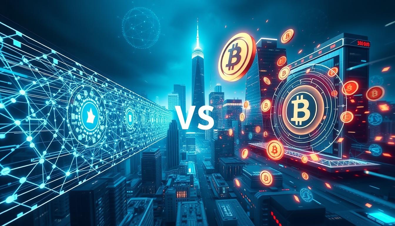 Blockchain vs Cryptocurrency: a digital duel. In the foreground, a sleek, modern blockchain interface with interconnected nodes and complex algorithms. In the middle ground, a vibrant cryptocurrency exchange, with virtual coins swirling and pulsing with energy. The background is a dynamic, technologically-advanced cityscape, with skyscrapers and holographic displays. The lighting is a cool, futuristic tone, casting an ethereal glow over the scene. The overall atmosphere conveys the power, innovation, and tension between these two transformative technologies. A high-angle, wide-angle lens captures the depth and scale of this digital landscape.