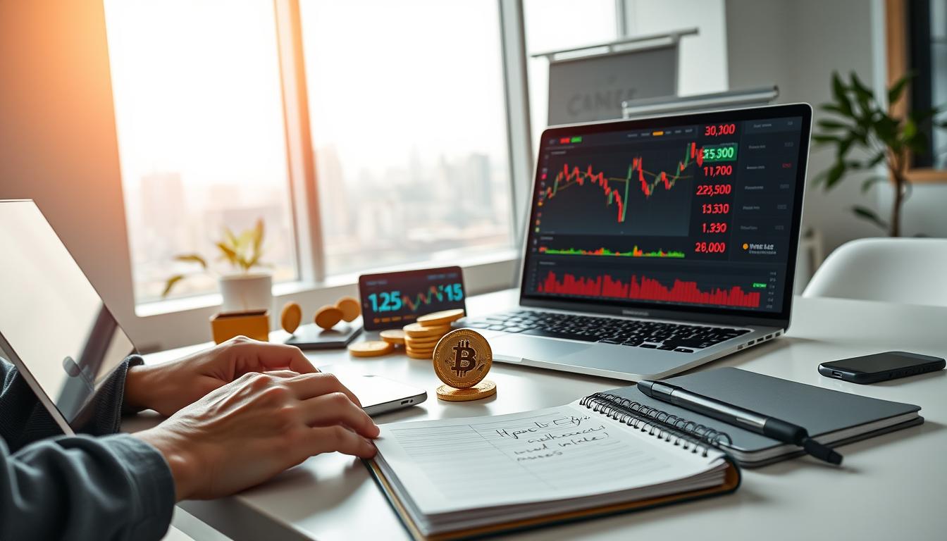 A modern, minimalist office setting with a clean, bright atmosphere. In the foreground, a person's hands are using a laptop, with a cryptocurrency exchange app or wallet open on the screen. The middle ground features a variety of crypto-related items, such as a physical bitcoin, an LED display showing fluctuating cryptocurrency prices, and a notebook with handwritten notes. The background showcases a large window overlooking a city skyline, with a warm, natural light filtering in. The overall scene conveys a sense of focus, exploration, and the excitement of getting started in the world of cryptocurrency investing.