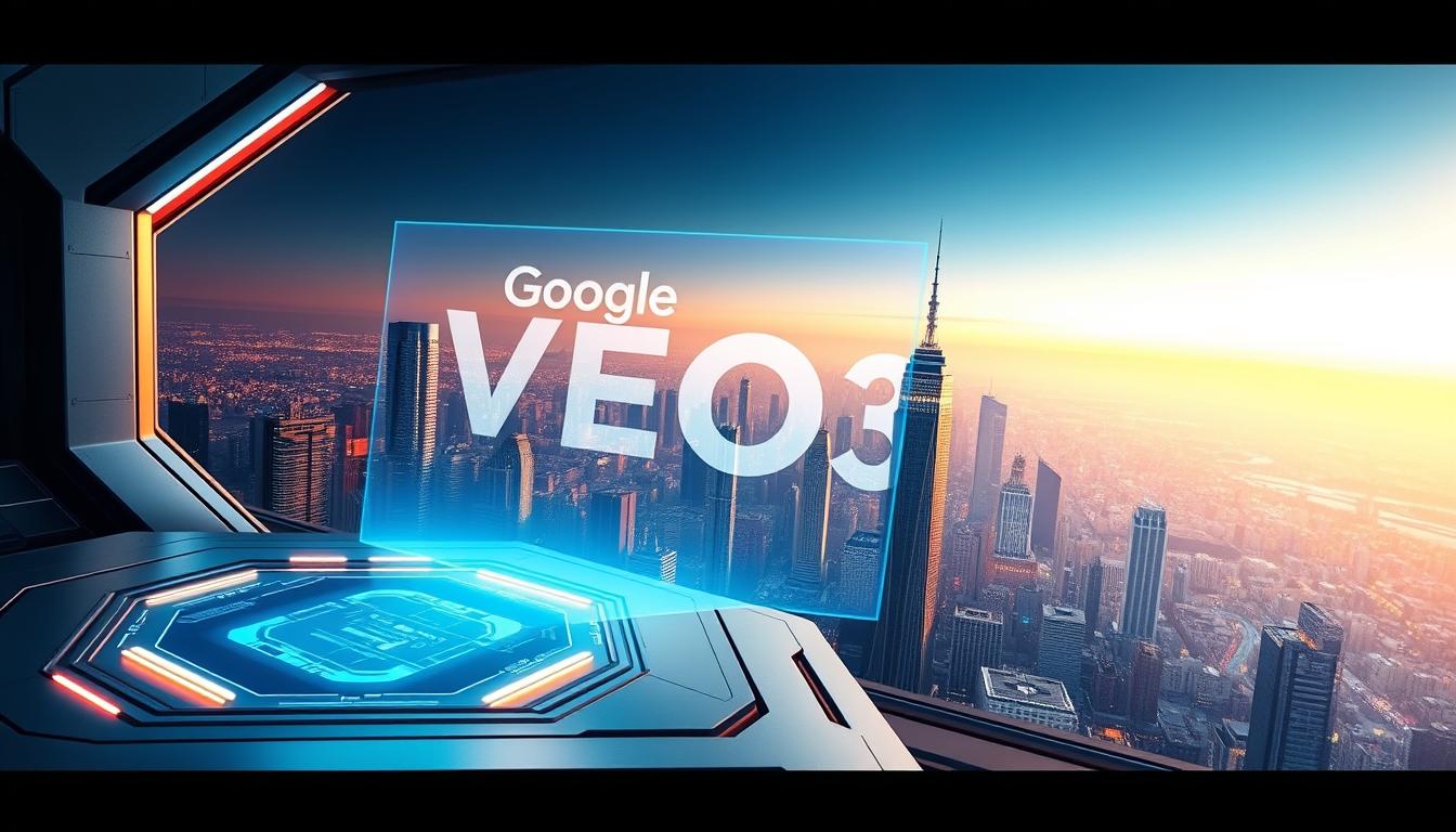 A futuristic technological landscape, with a central focus on a sleek, holographic-like projection of the "Google VEO3 text-to-video conversion" text. The foreground features a minimalist, metallic interface with glowing accents, hinting at the advanced nature of the system. The middle ground showcases a panoramic view of a sprawling, high-tech cityscape, with towering skyscrapers and a vibrant, neon-tinged skyline. The background is bathed in a soft, warm glow, creating a sense of depth and atmosphere. The overall aesthetic is one of cutting-edge innovation, seamlessly blending the digital and physical worlds.