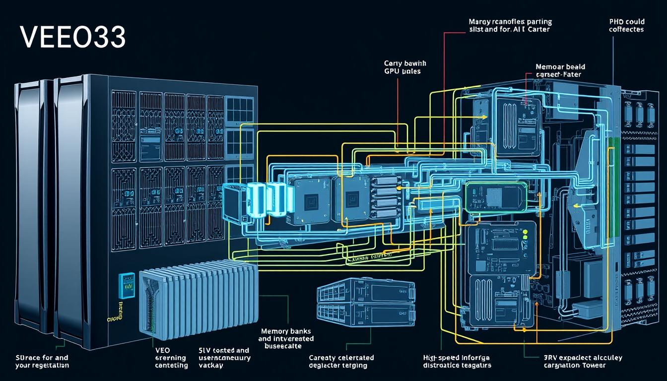 A detailed technical diagram of Google's groundbreaking VEO3 architecture, showcasing its innovative components and system interconnections. The foreground depicts the core processing units, GPUs, and specialized AI accelerators, arranged in a sleek, modular layout. The middle ground highlights the intricate data flow between memory banks, interconnects, and high-speed buses, while the background reveals the complex cooling and power distribution systems that enable the VEO3's unparalleled performance. The image conveys a sense of technological sophistication, precision, and the sheer engineering prowess behind this revolutionary system, all rendered in a cool, subdued color palette that emphasizes the technical nature of the subject.