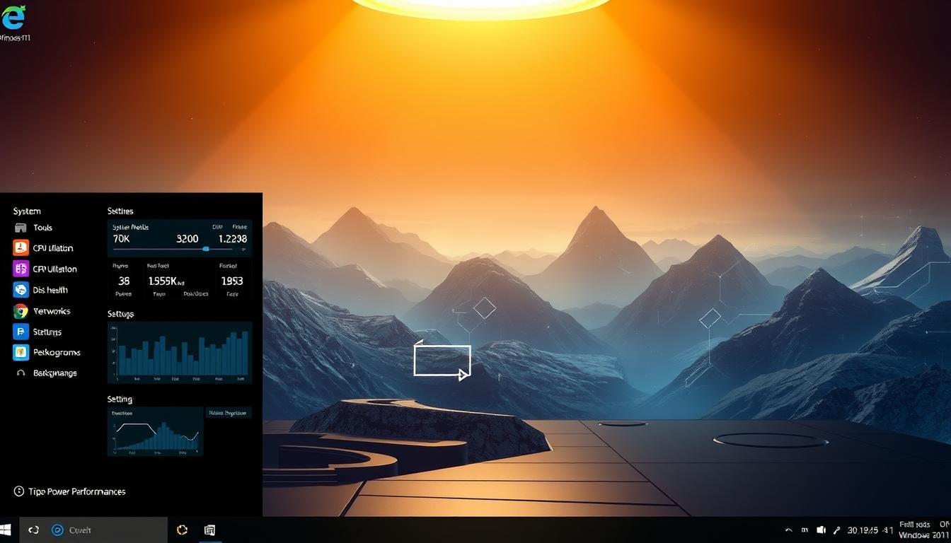 A high-tech desktop interface with sleek, minimalist design showcasing various performance optimization tools and settings for Windows 10/11. In the foreground, a series of customizable tiles display system metrics, CPU and GPU utilization, disk health, and network performance. The middle ground features a central control panel with toggles for power modes, startup programs, and background processes. The background depicts a futuristic, semi-transparent landscape of digital landscapes and geometric patterns, creating a sense of depth and technological sophistication. Warm lighting from above casts a subtle glow, while a cool, blue undertone suggests advanced computing power. The overall atmosphere evokes efficiency, control, and the ability to fine-tune a Windows system for optimal performance.