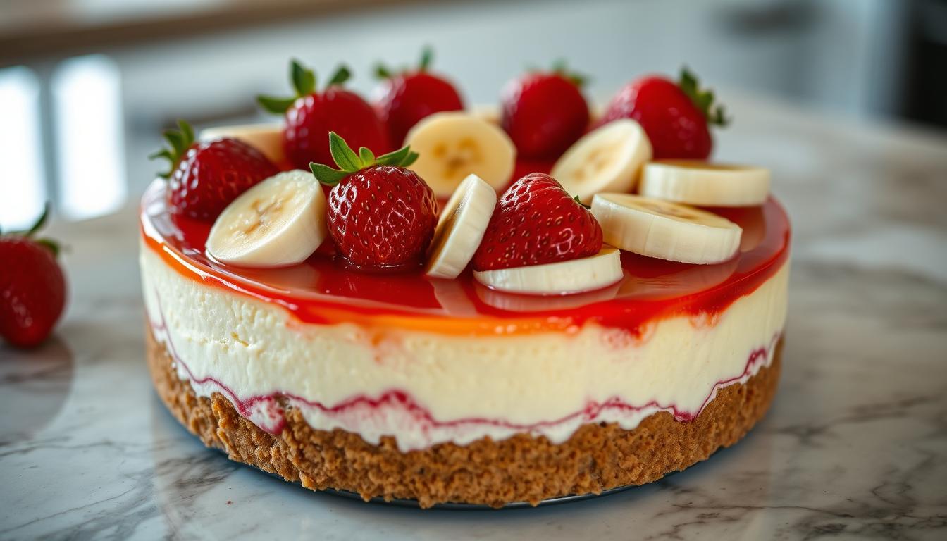 A delectable strawberry banana cheesecake sits on a marble countertop, its smooth, creamy texture glistening under warm, soft lighting. The crust is a perfectly baked graham cracker base, while fresh, juicy strawberries and sliced bananas adorn the top, creating a vibrant, mouthwatering display. The cheesecake filling is luscious and indulgent, with a slight tang that balances the sweetness. The scene is captured from a close, slightly elevated angle, showcasing the intricate layers and textures of this decadent dessert. The atmosphere is cozy and inviting, making the viewer eager to take a bite of this delightful banana strawberry cheesecake.