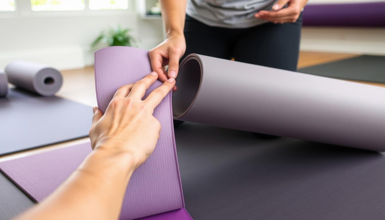 Pessoa escolhendo um tapete de yoga grosso, comparando diferentes espessuras e materiais
