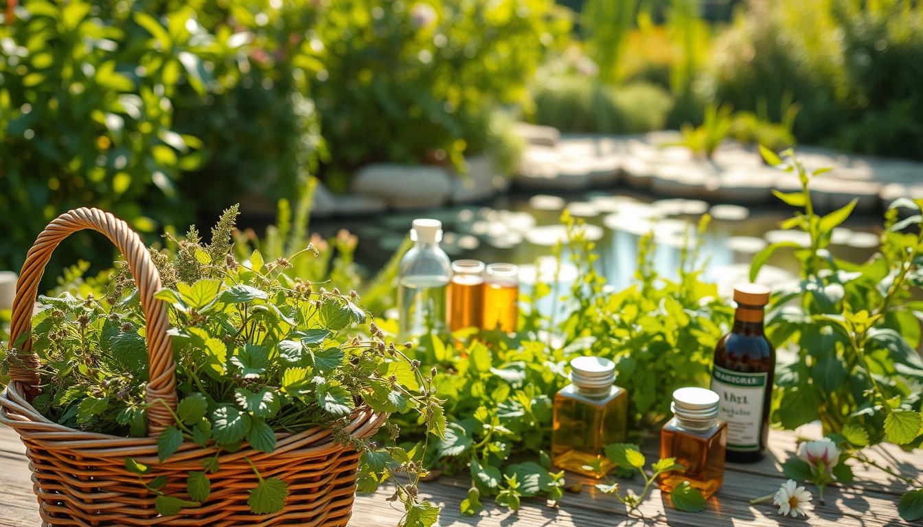 A tranquil, sun-dappled garden filled with lush, vibrant herbs and plants. In the foreground, a woven basket overflows with an assortment of fresh, aromatic herbs, their leaves gently swaying in a soft breeze. The middle ground features a wooden table, upon which rests an array of herbal tinctures, teas, and natural remedies, all bathed in warm, golden light. In the background, a serene pond reflects the verdant foliage surrounding it, creating a sense of harmony and balance. The overall scene evokes a feeling of natural wellness and holistic healing, inviting the viewer to embrace the restorative power of herbal healthcare.