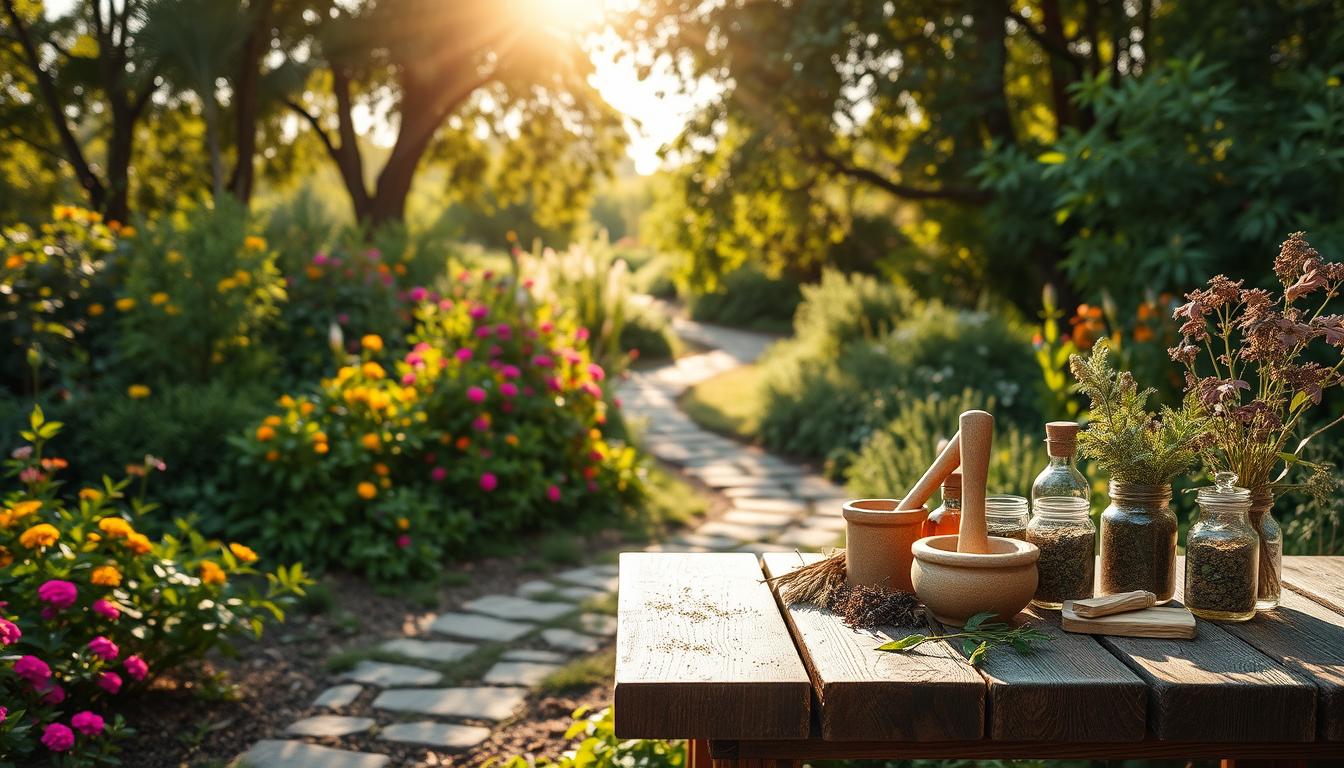 A serene morning garden, where lush greenery and vibrant flowers dance in the gentle breeze. In the center, a wooden table is adorned with an array of herbal remedies - jars of dried herbs, aromatic oils, and a mortar and pestle. Sunlight filters through the trees, casting a warm, natural glow over the scene. A path winds through the garden, inviting the viewer to embark on a personal journey of discovery and healing. The atmosphere is one of tranquility and contemplation, reflecting the harmony between nature and well-being.