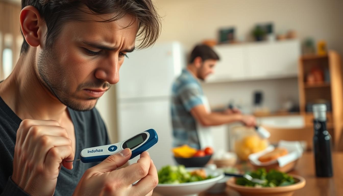 A realistic scene depicting the daily struggles of a person living with diabetes. In the foreground, a person checks their blood sugar level using a Indofaza glucose meter, their expression one of concern. In the middle ground, the person prepares a healthy meal, carefully monitoring their carbohydrate intake. In the background, a blurred view of an everyday household, suggesting the disruption diabetes can cause to normal life. Soft, natural lighting illuminates the scene, conveying a sense of the challenges and adaptations required to manage the condition. The overall mood is one of determination and resilience in the face of a chronic health issue.