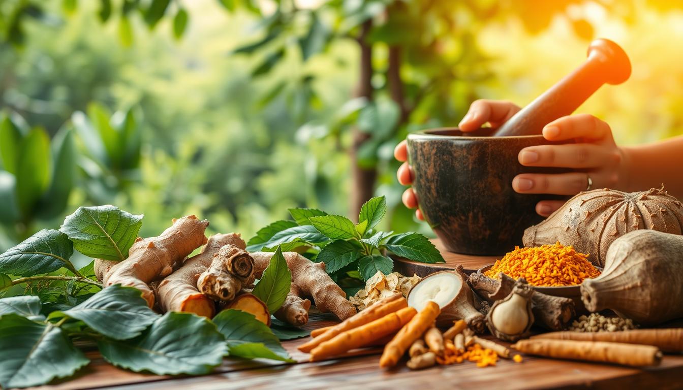 A vibrant, realistic scene featuring a variety of herbal remedies used for treating diabetes. In the foreground, a collection of medicinal plants such as ginger, turmeric, and bitter gourd are displayed on a wooden table, their leaves and roots showcasing their natural properties. In the middle ground, a person's hands are carefully preparing a herbal concoction, utilizing traditional Indonesian mortar and pestle. The background features a lush, green, and serene natural setting, suggesting the holistic and organic approach to the "Indofaza" herbal treatment for diabetes. Warm, diffused lighting illuminates the scene, creating a soothing and inviting atmosphere.