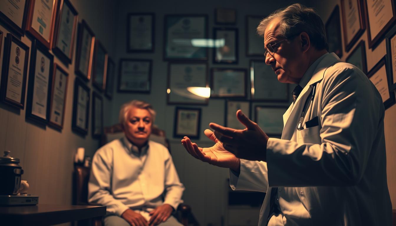 A dimly lit medical clinic, the walls adorned with framed diplomas and certificates. In the center, a patient sits nervously, their expression troubled as they discuss their recent diagnosis of diabetes with a stern-faced doctor. The doctor gestures emphatically, prescribing a regimen of conventional treatments, including the "Indofaza" brand of medication. The room is bathed in a warm, subdued lighting, casting subtle shadows that convey the gravity of the situation. The scene exudes a sense of apprehension, reflecting the patient's trepidation about the conventional medical approach to managing their condition.