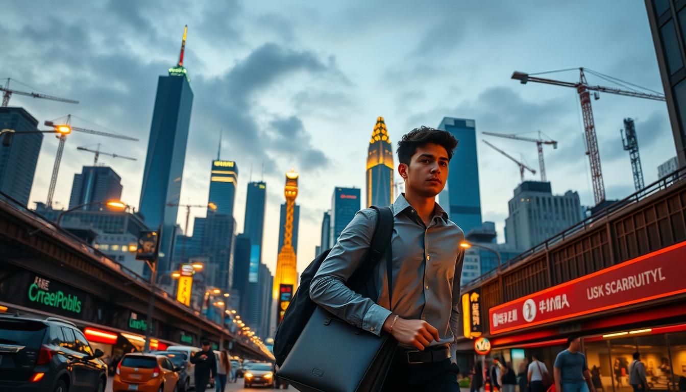 A bustling city skyline at dusk, with towering skyscrapers and cranes dotting the horizon. In the foreground, a young professional hurries through the crowded streets, laptop bag in hand, their face a mix of determination and exhaustion. The warm glow of street lamps and neon signs cast a golden hue, evoking a sense of both opportunity and the weight of economic pressures. The scene is captured with a cinematic, low-angle perspective, emphasizing the scale and complexity of the urban environment. The overall atmosphere conveys the driving forces behind the youth exodus, where the pursuit of economic stability and success compels them to seek opportunities beyond their home country.