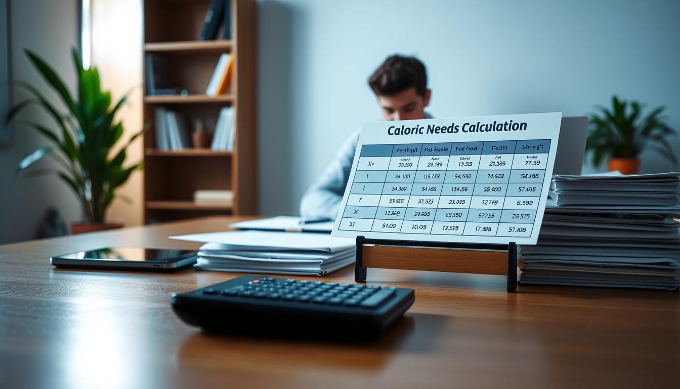 A clean, well-lit office scene. In the foreground, a wooden desk with a laptop, calculator, and stack of papers. On the desk, a stylized chart titled &quot;Caloric Needs Calculation&quot; with various data points and formulas. In the middle ground, a person sitting at the desk, deeply focused on the task at hand. Soft, directional lighting illuminates the scene, creating a sense of productivity and concentration. The background features a bookshelf and potted plant, conveying a professional, academic atmosphere. The overall tone is one of thoughtful, methodical analysis, with the &quot;Caloric Needs Calculation&quot; chart as the central focus.