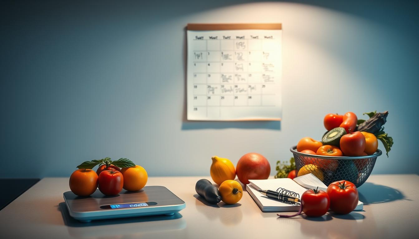 A sleek, modern kitchen counter with a digital weight scale, a stylish notebook, and an arrangement of fresh fruits and vegetables. Soft, directional lighting from above casts a warm glow, highlighting the textures and colors of the healthy ingredients. In the background, a minimalist calendar hangs on the wall, with handwritten notes tracking weight and nutrition goals. The scene conveys a sense of organization, discipline, and a commitment to a balanced, sustainable weight loss journey.