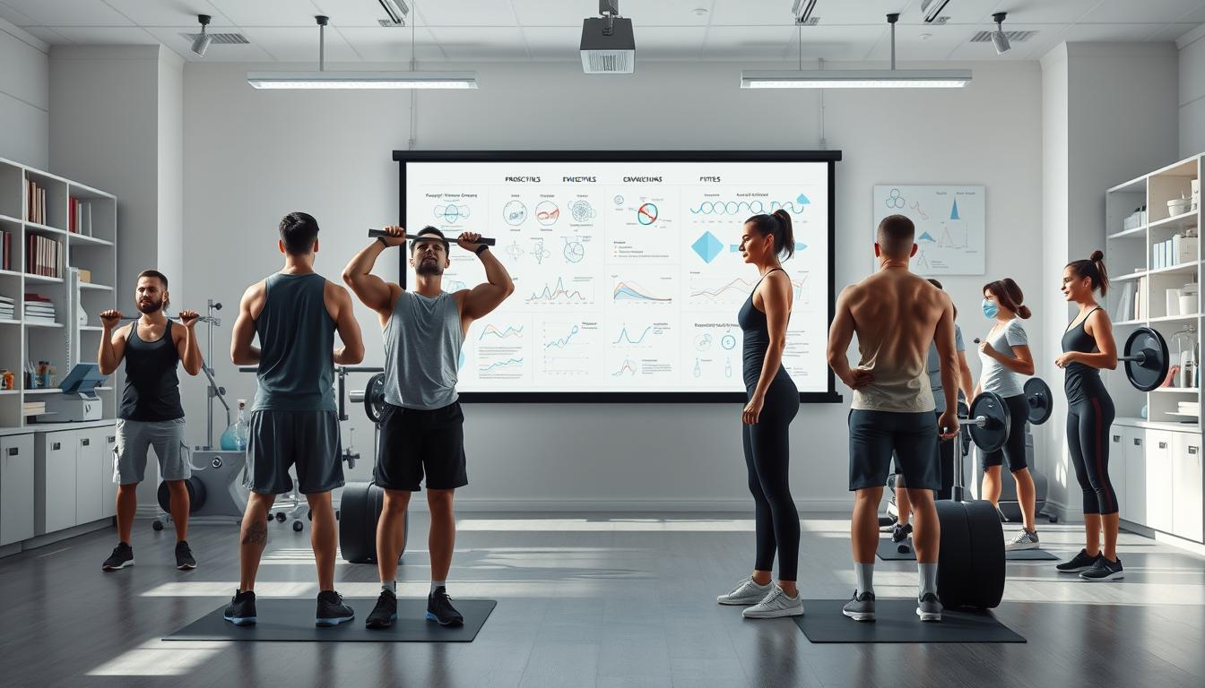 a highly detailed, photorealistic image of a group of people performing various fitness exercises and activities, set against a backdrop of scientific equipment, charts, and diagrams. in the foreground, there are several individuals demonstrating proper weightlifting form, core strengthening exercises, and cardiovascular training techniques. the middle ground features a large whiteboard or projection screen displaying scientific principles, data visualizations, and evidence-based training guidelines. the background showcases a well-equipped modern gym or research laboratory, with shelves of books, beakers, and other scientific apparatus. the lighting is bright and natural, with a crisp, clean aesthetic. the overall scene conveys a sense of a harmonious integration between the scientific and fitness domains, highlighting the evidence-based nature of effective training principles.