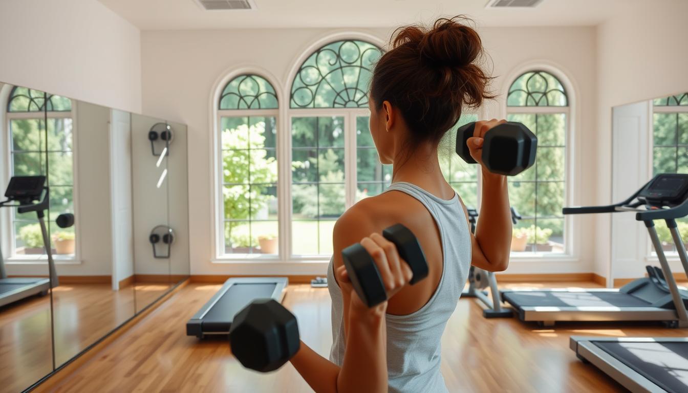 A serene, well-lit gym interior with hardwood floors and mirrored walls. In the foreground, a person performing dumbbell exercises, their face focused and determined. In the middle ground, a large, ornate window overlooking a lush, verdant garden. The background features exercise equipment, including a treadmill and stationary bike, arranged in a visually pleasing layout. The overall atmosphere is one of balance, health, and harmony, conveying the integration of exercise and nutrition.