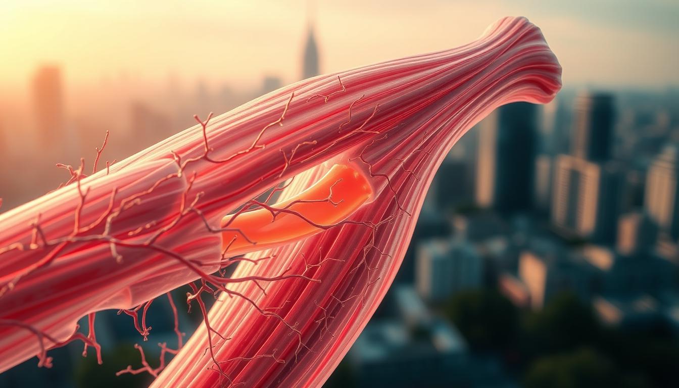 A close-up shot of a muscle fiber undergoing structural changes, illuminated by a soft, warm light. In the foreground, intricate networks of mitochondria and sarcoplasmic reticulum are visible, indicating increased metabolic activity. In the middle ground, the sarcomeres within the muscle fiber contract and elongate, demonstrating the dynamic adaptation in response to exercise. The background depicts a blurred, hazy cityscape, symbolizing the broader context of the human body's adaptation to the physical demands of the modern world.