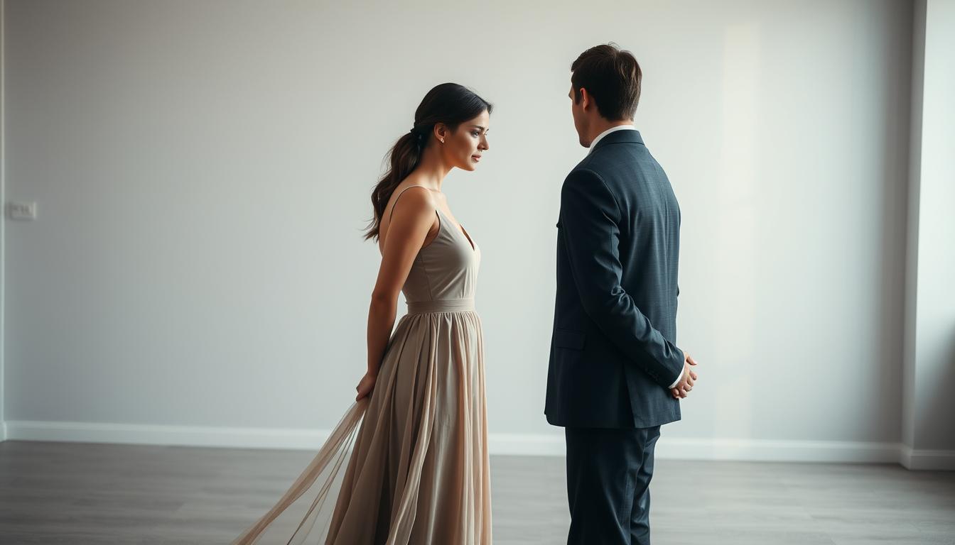 A peaceful, tasteful scene of a former couple engaging in a respectful post-breakup interaction. In the foreground, a woman in a flowing, elegant dress stands with an expression of quiet composure, her body language conveying measured restraint. Across from her, a man in a tailored suit maintains a respectful distance, his posture open and attentive. Soft, diffused lighting illuminates the scene, creating an atmosphere of thoughtful contemplation. In the background, a serene, minimalist interior with muted colors and clean lines provides a calming backdrop. The overall mood is one of dignity, maturity, and the preservation of mutual regard, despite the emotional complexity of the situation.