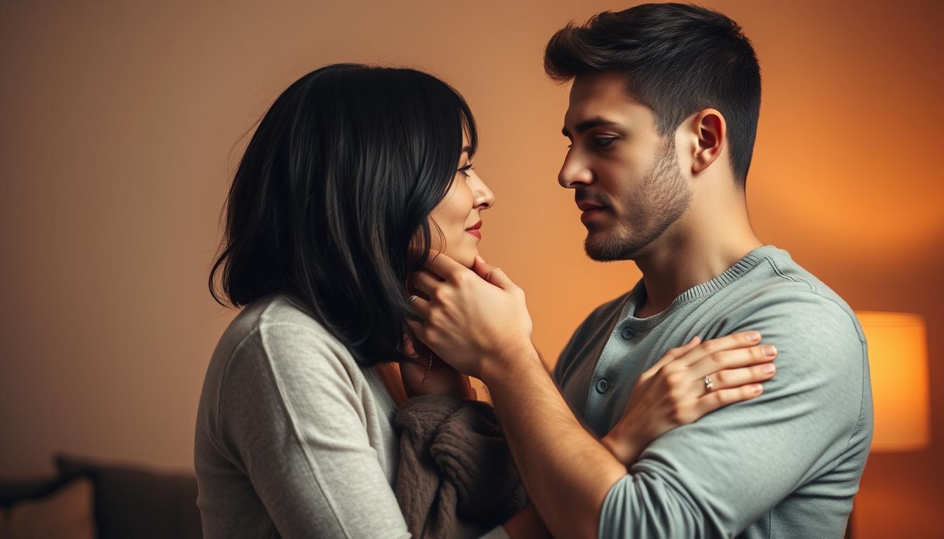 A couple embracing tenderly, gazing into each other's eyes with hope and longing, set against a warm, softly-lit background that conveys a sense of intimacy and emotional connection. The man and woman appear thoughtful, their body language suggesting a desire to reconcile and rekindle their relationship. The overall mood is one of vulnerability, introspection, and the possibility of rekindling a cherished bond.