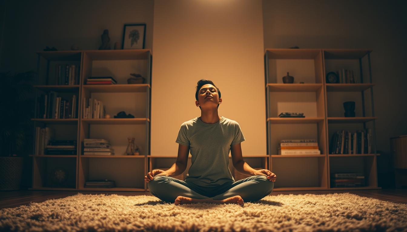 A serene, dimly lit room with warm, low-key lighting. In the foreground, a person sits cross-legged on a plush, earthy-toned rug, their eyes closed in deep contemplation. Shelves in the background hold an array of inspiring books and trinkets, casting gentle shadows. The mood is introspective, with a sense of quiet determination as the person establishes new routines and habits. The overall atmosphere evokes a feeling of personal growth and transformation.