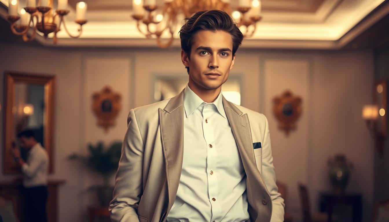 A stylishly dressed, confident individual standing in a dimly lit room, surrounded by elegant decor and subtle mood lighting. The subject's posture and expression radiate an aura of allure and magnetism, conveying a sense of refined, effortless charm. The background is softly blurred, placing the emphasis on the subject's captivating presence. The overall scene evokes a sense of sophistication, poise, and the power of personal transformation.