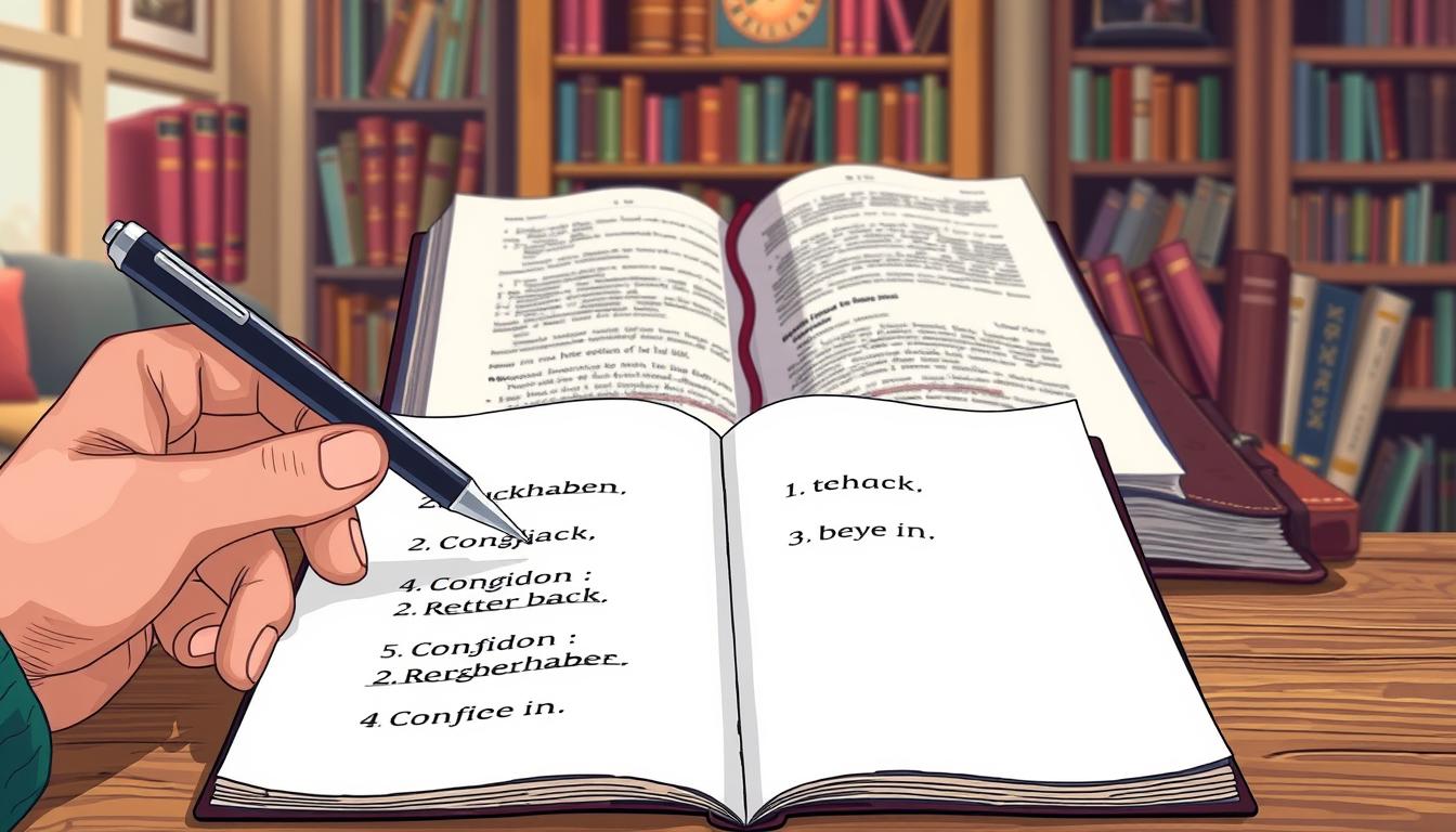 A vibrant illustration depicting the conjugation of the German verb "zurückhaben" (to have back). In the foreground, a hand holding a pen writes the conjugations on a crisp, white page. The middle ground showcases a well-worn dictionary, its pages open to reveal the definition and grammatical details of the verb. In the background, a cozy study with bookshelves and a warm, diffused lighting sets the scene for this exploration of language. The overall mood is focused, contemplative, and educational, reflecting the need to understand the proper usage of this essential verb.