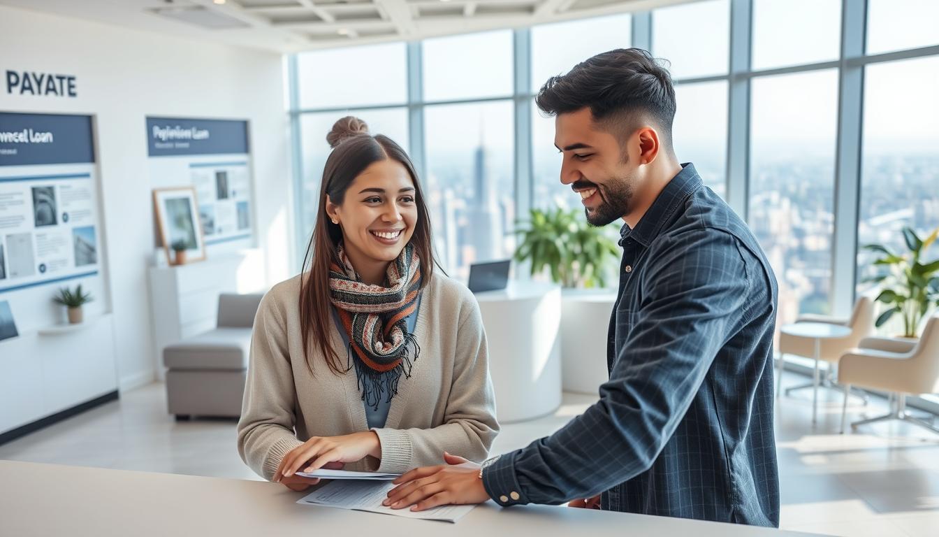 A serene and inviting scene of a modern, well-designed government loan office for low-income families. In the foreground, a friendly PAYATE representative guides a young couple through the application process, their faces warm and hopeful. The middle ground showcases a clean, bright interior with comfortable seating areas and informative displays. The background reveals a panoramic view of a bustling urban landscape, symbolizing the accessibility and reach of these transformative programs. Soft, natural lighting filters through large windows, creating a calming and trustworthy atmosphere. The overall composition conveys the profound impact of PAYATE's government loan initiatives in empowering and uplifting low-income communities.