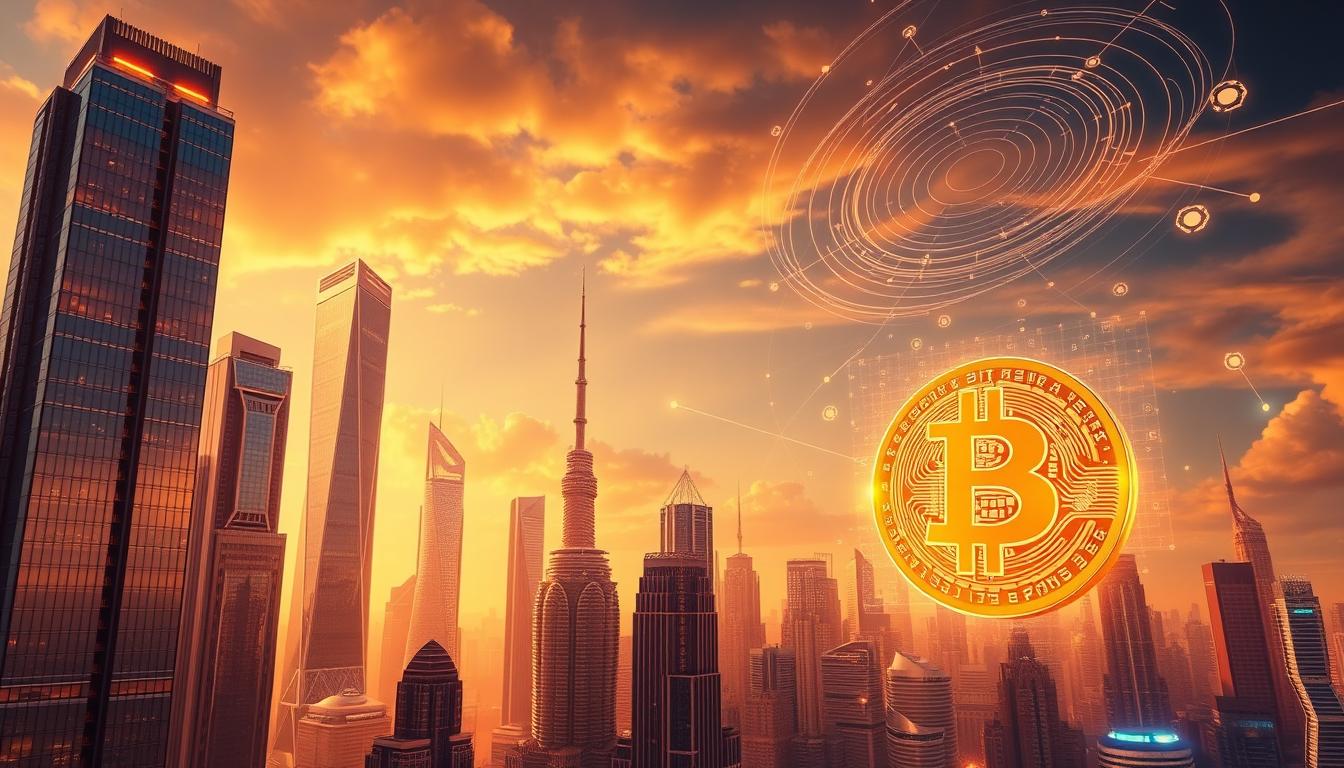 A vibrant, futuristic cityscape with towering skyscrapers of shimmering glass and steel, bathed in a warm, golden glow. In the foreground, a sleek, angular cryptocurrency symbol soars upward, its trajectory eclipsing the iconic Bitcoin logo in the distance. The sky is alive with swirling data streams and holographic displays, hinting at the rapid evolution of the digital asset landscape. The scene conveys a sense of dynamism, progress, and the promise of altcoins outperforming the market leader in the years to come.