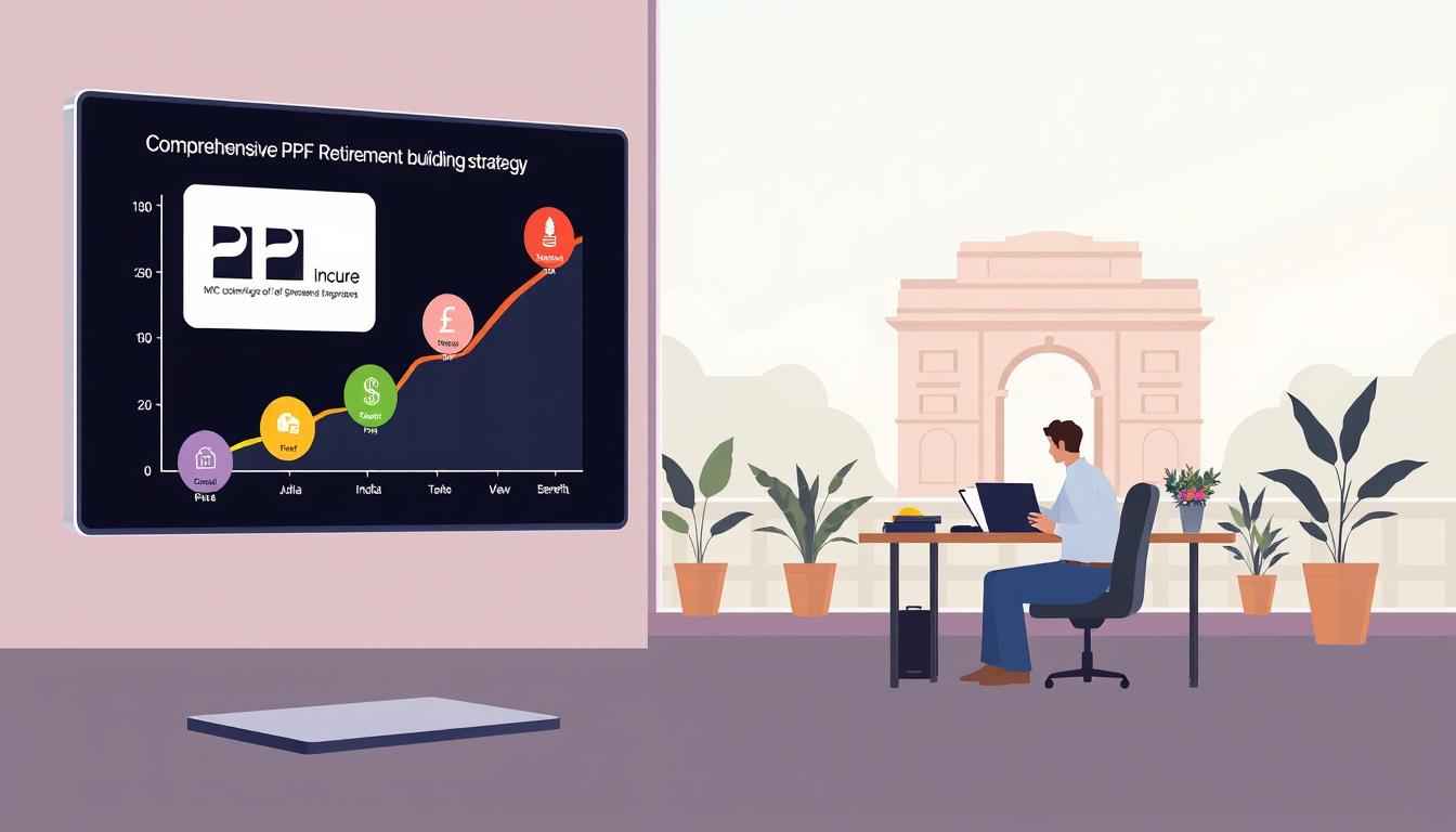 A sleek, modern illustration depicting a comprehensive PPF retirement corpus building strategy. In the foreground, a digital screen displays a graph charting the growth of a PPF account over time, with stylized icons representing the key components - contributions, interest accrual, and tax benefits. In the middle ground, a person sitting at a desk is carefully reviewing financial documents, surrounded by a minimalist workspace with potted plants and natural lighting. In the background, the iconic India Gate landmark can be seen, symbolizing the national context of the PPF scheme. The overall mood is one of financial diligence, long-term planning, and a sense of security for the future.
