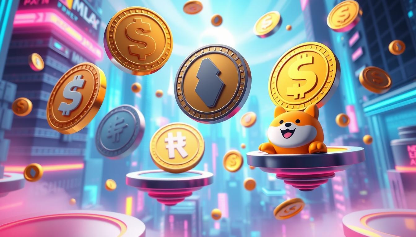 A vibrant, energetic scene of various meme-inspired cryptocurrencies, including Dogecoin, Shiba Inu, and others, floating and interacting in a dynamic 3D space. The coins are rendered with a playful, cartoon-like aesthetic, their surfaces reflecting the light and casting colorful shadows. The background features a dynamic, futuristic cityscape with neon-lit skyscrapers and floating platforms, creating a sense of technological advancement and innovation. The overall mood is one of excitement, momentum, and the potential for rapid growth in the altcoin market, in line with the article's focus on Solana's rise and the increasing prominence of meme coins.