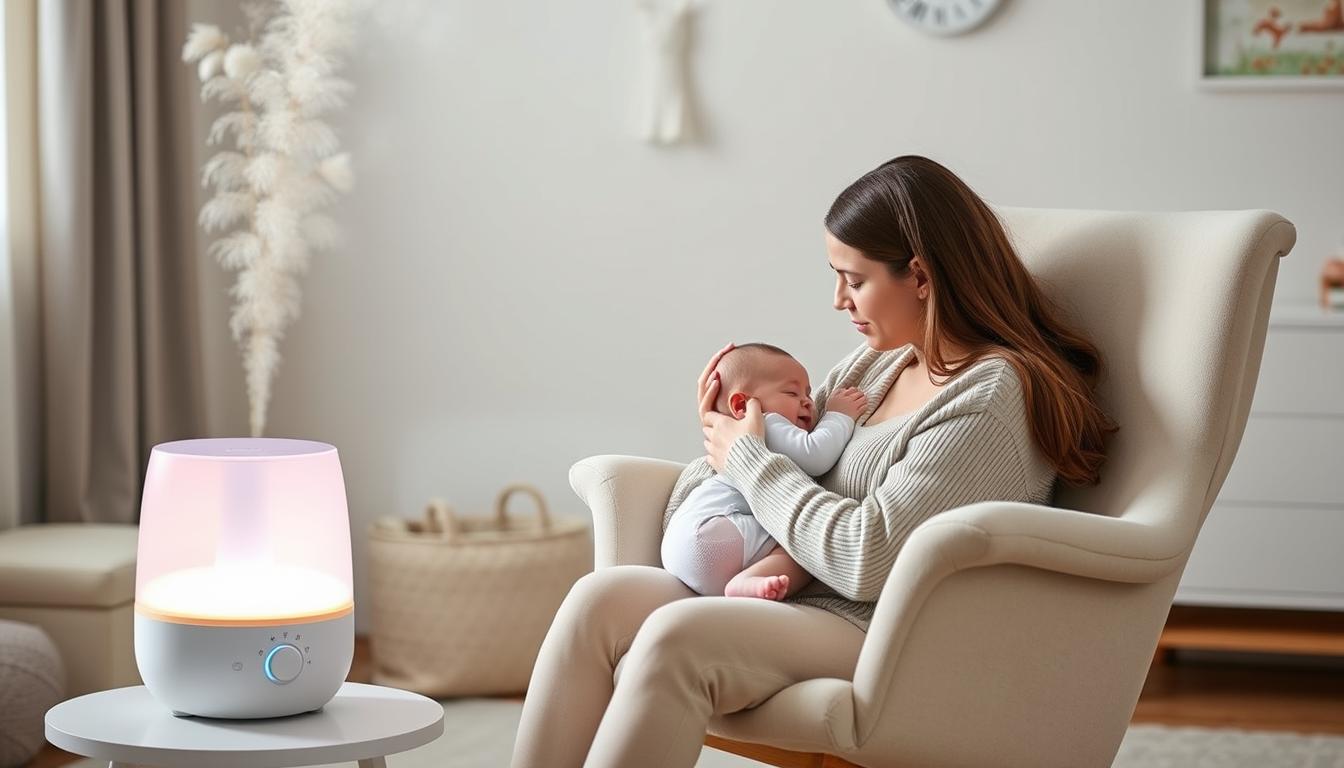 Mother and baby in nursery with the Large Portable Anti-Gravity Hygienic Ultrasonic Cool Mist Humidifier