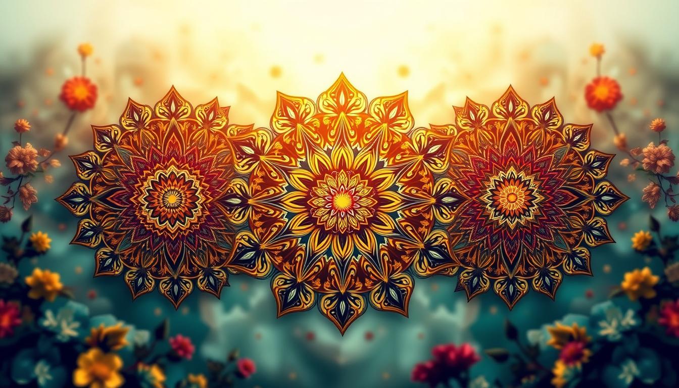 Intricate, vibrant mandalas in seasonal motifs, rendered in a hyper-realistic style. A captivating foreground of ornate, symmetrical designs in striking hues, reminiscent of nature's cycles. Delicate floral elements, earthy tones, and ethereal celestial patterns intertwine, creating a mesmerizing central focal point. The middle ground features a subtle, soft-focus background, evoking a sense of depth and tranquility. Balanced lighting casts gentle shadows, accentuating the dimensional qualities of the mandala forms. The overall atmosphere is one of serene, meditative contemplation, inviting the viewer to lose themselves in the captivating patterns.