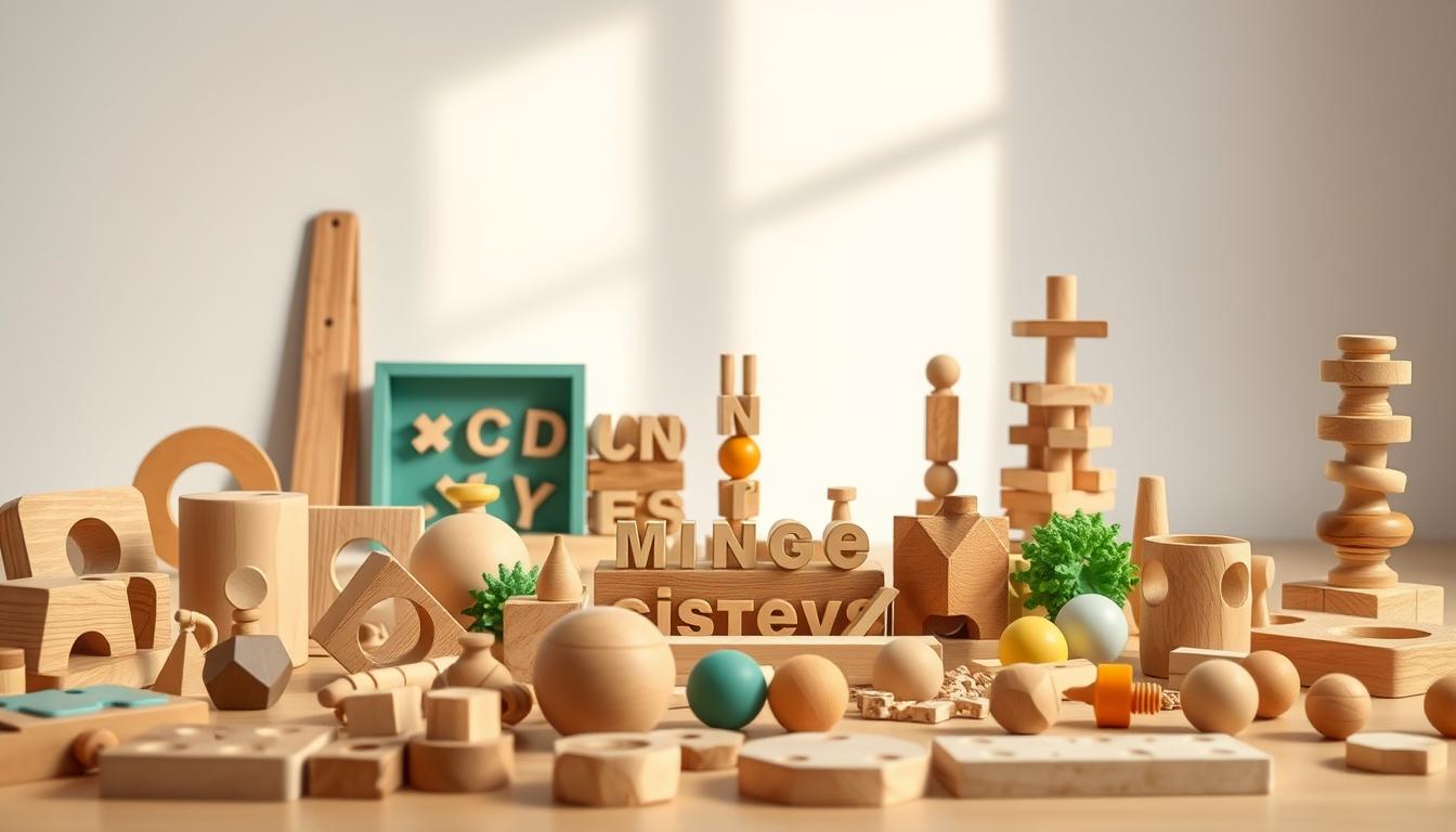 A well-lit studio setting showcasing an assortment of high-quality Montessori toys. In the foreground, a collection of natural wooden puzzles, shape sorters, and tactile sensory objects crafted with precision and attention to detail. In the middle ground, a Montessori-inspired movable alphabet, a set of golden beads, and a sturdy wooden tower. The background features soft, natural lighting illuminating the space, creating a calm and inviting atmosphere. The overall composition emphasizes the durability, craftsmanship, and educational value of these premium Montessori materials, perfectly suited for a child's optimal development.