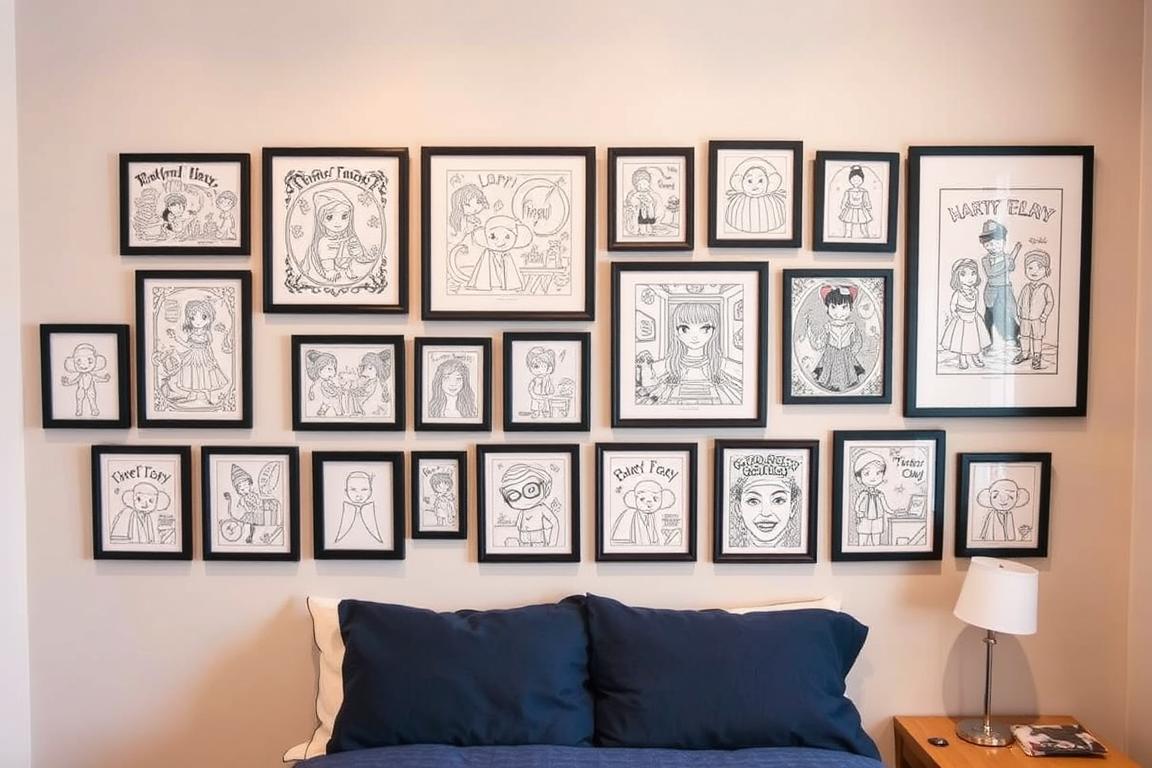 Teen bedroom wall decorated with framed coloring page art