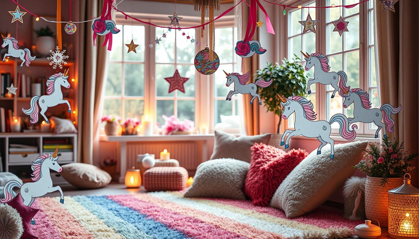 A charming scene of colorful unicorn-themed decorations, with hand-drawn unicorn coloring pages repurposed into vibrant ornaments and accents. Intricate paper cutouts of unicorns, stars, and swirling patterns adorn a warm, cozy interior, illuminated by soft, natural lighting from large windows. Delicate fairy lights and ribbons add a touch of whimsy, while a plush, rainbow-hued rug and plush pillows create a cozy, inviting atmosphere. The overall mood is one of enchantment, creativity, and the magical transformation of ordinary coloring pages into unique, personalized decorations.