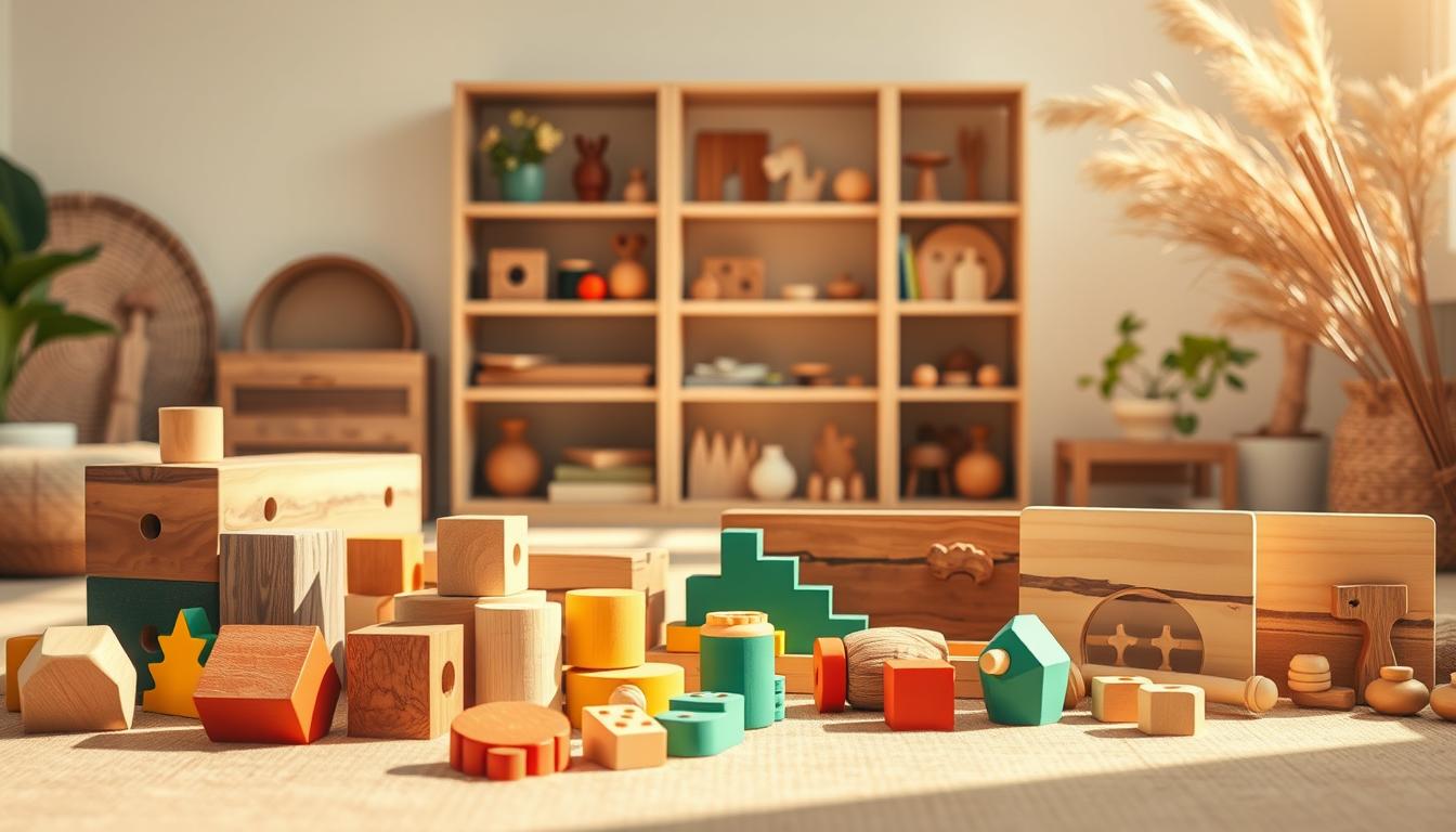 Sustainable Montessori Toys: A natural, earthy scene showcasing a variety of handcrafted wooden toys in a warm, sun-drenched setting. In the foreground, a group of vibrant, tactile educational tools invite hands-on exploration - geometric blocks, textured shapes, and intricate puzzles. The middle ground features a Montessori-inspired shelving unit displaying an array of carefully selected, high-quality items, each designed to nurture a child's cognitive, sensory, and motor development. The background depicts a serene, minimalist environment, with soft neutral tones and natural materials like rattan and bamboo, evoking a sense of tranquility and environmental consciousness. Diffused, golden lighting casts a gentle glow, heightening the organic, sustainable aesthetics. The scene emanates a timeless, heirloom-quality charm, inviting the viewer to imagine the joy and learning that these Montessori toys can inspire.