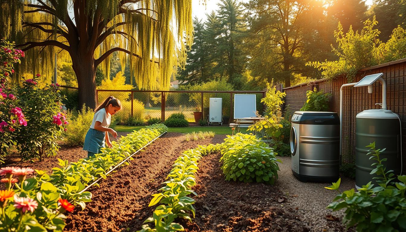 A lush, verdant garden with vibrant flowers and towering trees, bathed in warm, golden sunlight. In the foreground, a family tending to a thriving vegetable patch, using drip irrigation and mulch to conserve water. In the middle ground, a rain barrel collects precious rainwater, while a modern, energy-efficient washing machine stands nearby. In the background, a solar-powered water heater and a small, eco-friendly water treatment system blend seamlessly into the picturesque scene. The overall atmosphere conveys a sense of harmony and sustainability, where the family's water conservation practices are integrated into their daily lives with ease and efficiency.