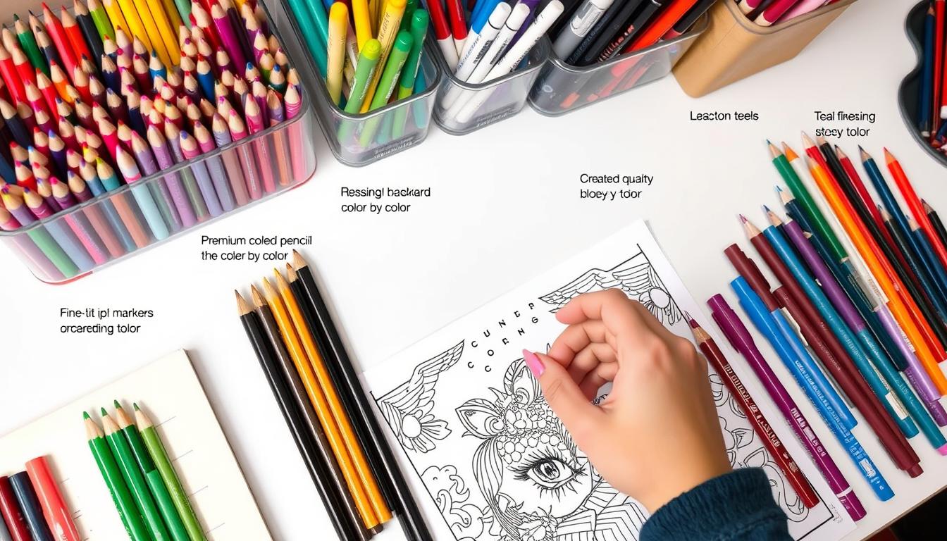 Organized coloring supplies with high-quality colored pencils, markers and gel pens