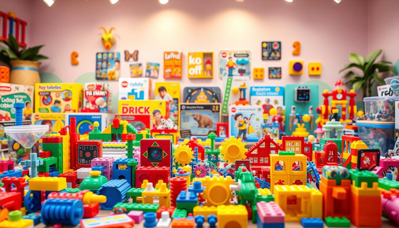 A vibrant and engaging display of various STEM toys designed to captivate young minds. In the foreground, an array of colorful building blocks, puzzles, and coding kits arranged in a visually appealing manner. The middle ground showcases an assortment of science experiment sets, robotic kits, and educational electronics, while the background features a playful, pastel-hued backdrop that suggests a nurturing and creative environment. The lighting is warm and inviting, casting a gentle glow on the toys and highlighting their intricate details. The overall composition conveys a sense of discovery, learning, and the boundless potential of STEM education through play.