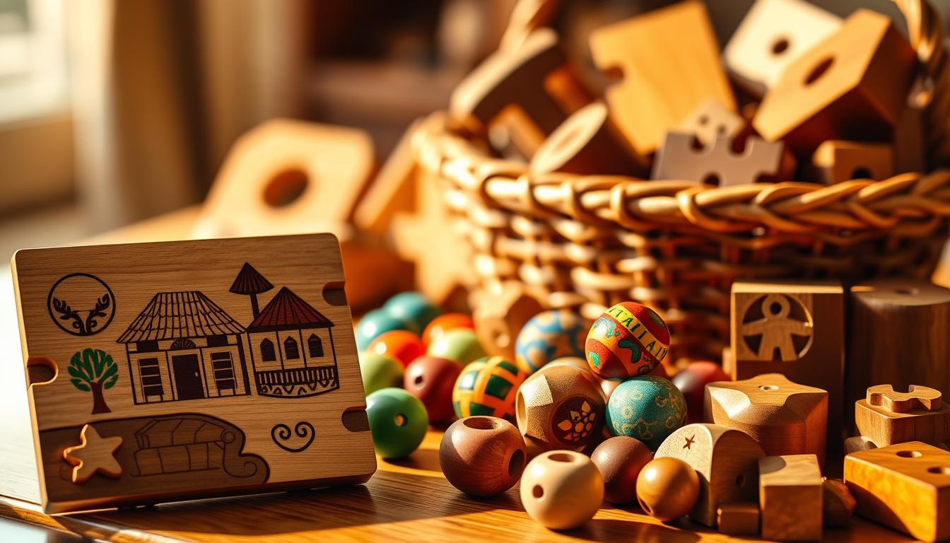 A vibrant assortment of Montessori toys, each infused with cultural elements from around the world. In the foreground, an intricate wooden puzzle depicting traditional motifs from a Southeast Asian village. In the middle ground, a set of handcrafted wooden beads in vivid hues, inspired by the patterns of indigenous South American textiles. In the background, a woven basket holds a collection of wooden shapes and blocks, their surfaces adorned with meticulous carvings reminiscent of ancient African art. Warm, natural lighting illuminates the scene, casting a golden glow and highlighting the tactile, artisanal quality of these educational toys. The overall atmosphere is one of cultural celebration, inviting the viewer to explore and engage with the rich diversity of human creativity.