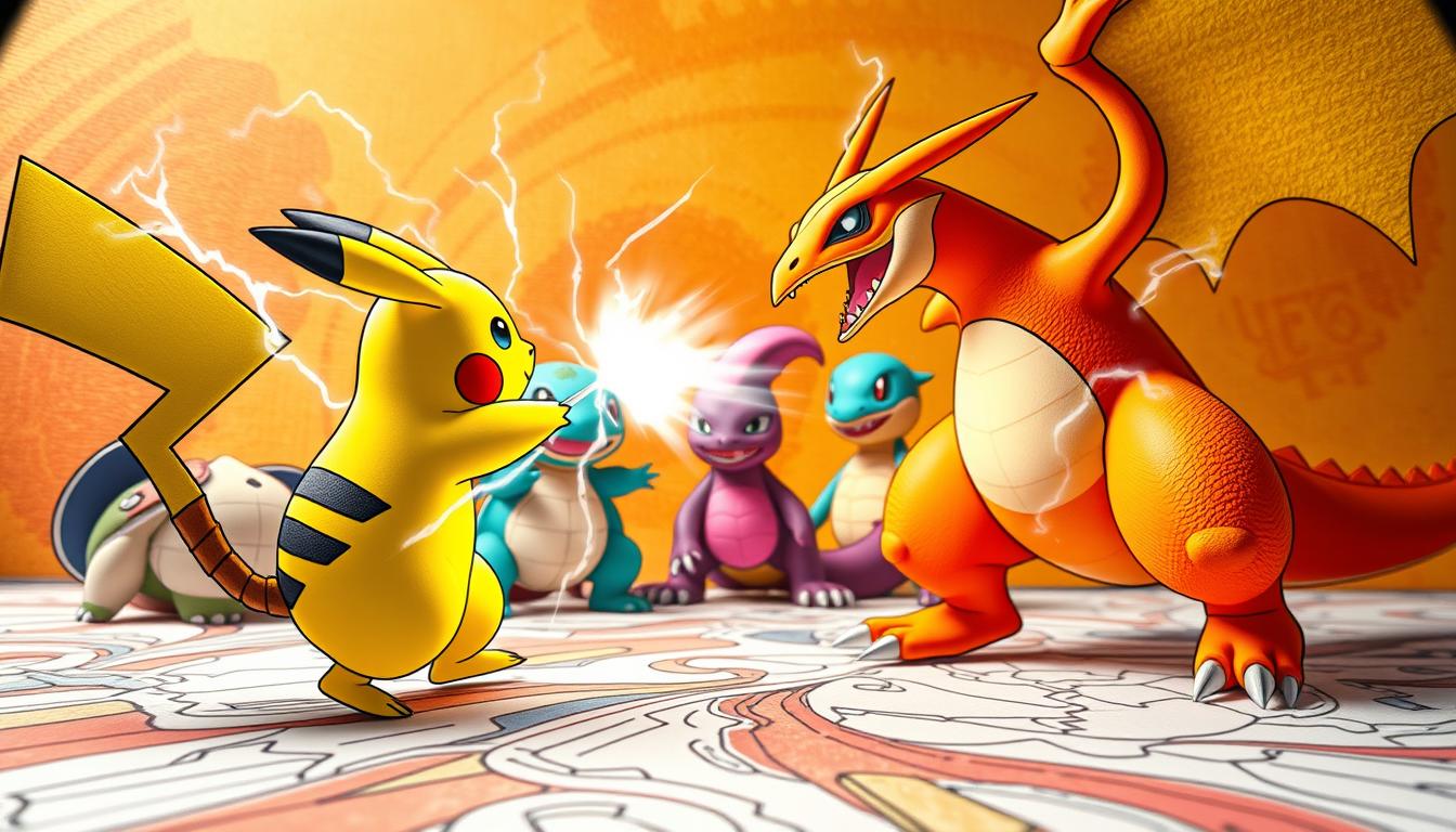 A whimsical, hyper-realistic scene of Pokemon characters engaged in a dynamic battle, captured on colorful coloring pages for children. In the foreground, Pikachu and Charizard exchange electrifying attacks, their movements frozen in an intense moment of action. The middle ground showcases other popular Pokemon like Bulbasaur, Squirtle, and Meowth, each with their distinct features and expressions. The background blends vibrant, textured paper surfaces, creating the illusion of a handcrafted coloring book environment. Soft, warm lighting highlights the vivid colors and outlines, inviting young artists to unleash their creativity. Captured with a wide-angle lens, the composition conveys a sense of depth and immersion, drawing the viewer into the captivating world of Pokemon battle scenes.