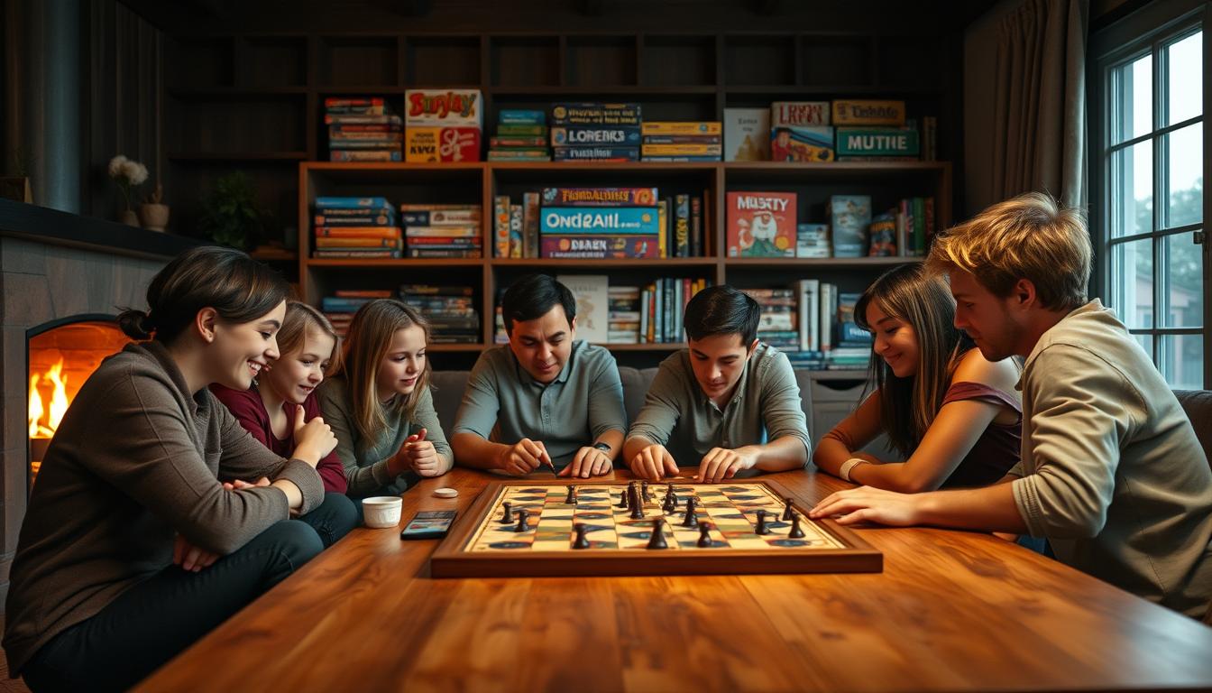 A cozy living room, dimly lit with warm, soft lighting from a fireplace. On a wooden table in the foreground, a group of family members gathered around, deeply engaged in a classic board game. The players' faces are animated, brows furrowed in concentration as they strategize and collaborate. In the middle ground, shelves filled with an array of vibrant, colorful board games, hinting at the wealth of educational and entertaining options. The background features a large window, allowing natural light to filter in, creating a serene, inviting atmosphere. The overall scene conveys the benefits of board games - fostering critical thinking, problem-solving skills, and quality family time.