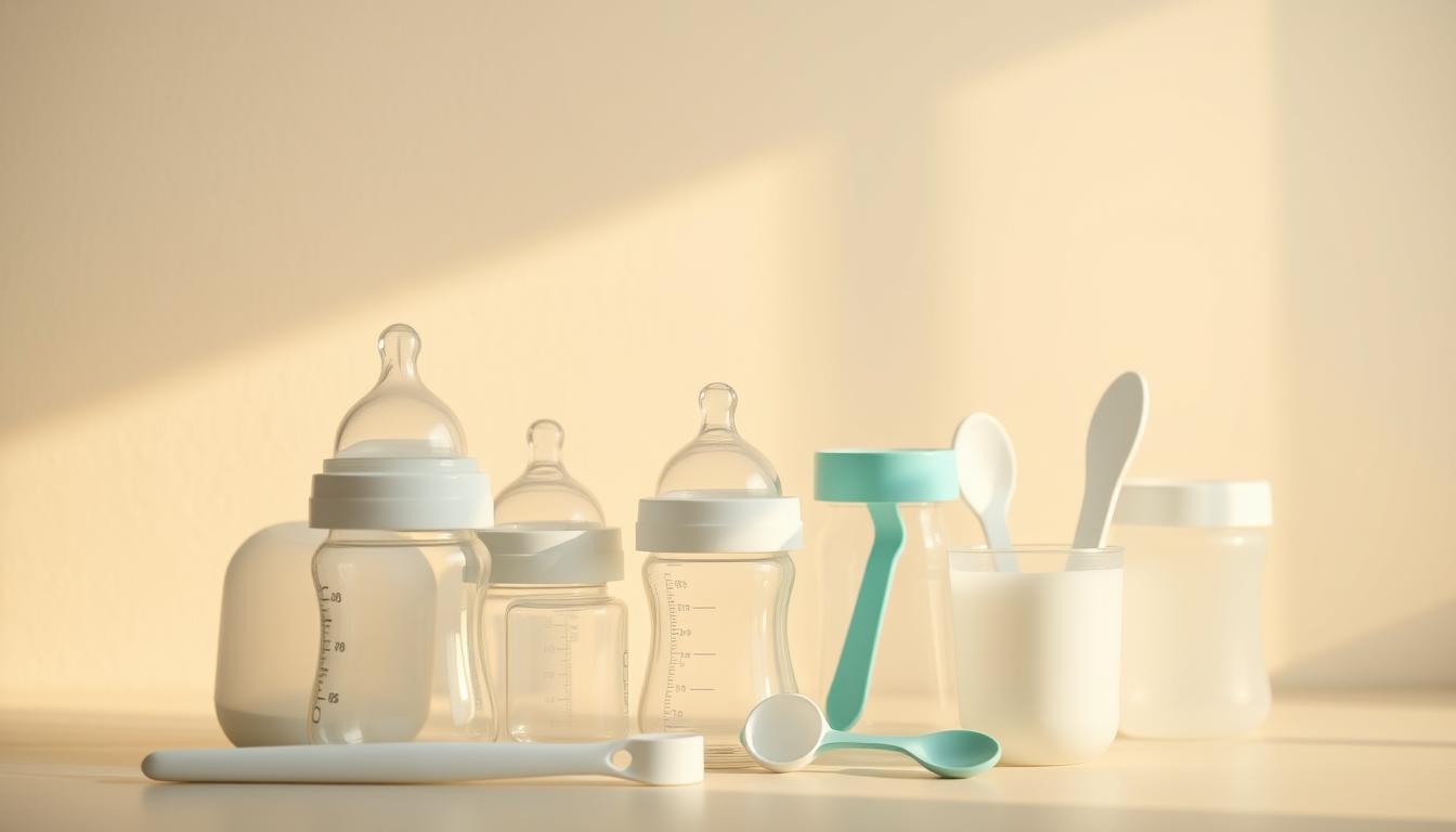 A beautifully lit, close-up shot of a variety of BPA-free baby bottles, sippy cups, and utensils arranged in the foreground. The bottles and cups have a sleek, modern design with clear, non-toxic materials. In the middle ground, a soft, neutral-toned background with a subtle texture or pattern creates a soothing, minimalist atmosphere. The lighting is warm and natural, casting gentle shadows and highlights to accentuate the smooth, glossy surfaces of the products. The overall scene conveys a sense of safety, purity, and care - reflecting the benefits of choosing BPA-free feeding supplies for a baby's wellbeing.