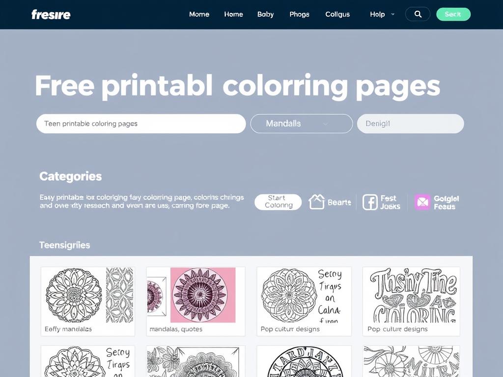 Screenshot of website offering free printable coloring pages for teens