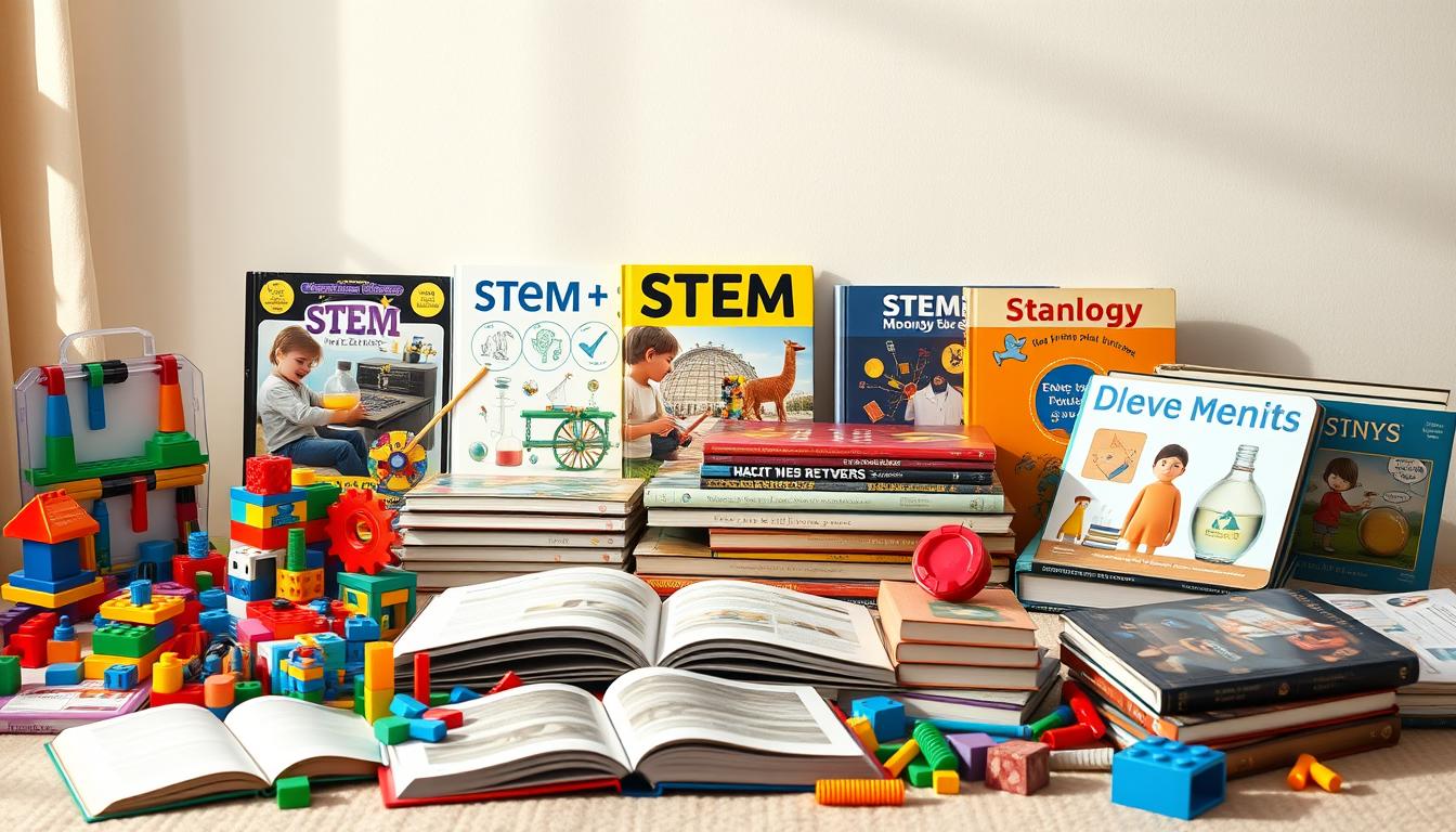 A neatly arranged still life scene with an assortment of STEM toys and educational books, bathed in warm, natural lighting. In the foreground, various hands-on learning tools such as building blocks, construction sets, and science experiment kits are displayed alongside open textbooks and hardcover volumes. The middle ground features a mix of classic and modern STEM-focused books, their covers showcasing imagery and titles that spark curiosity in the fields of science, technology, engineering, and mathematics. The background subtly blends a neutral, cozy setting, emphasizing the synergy between interactive toys and the printed resources that complement and enrich the STEM learning experience.
