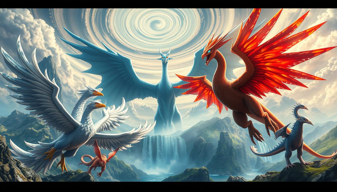 A dramatic, hyper-realistic scene of legendary Pokemon characters from the beloved franchise, rendered in vivid, lifelike detail. In the foreground, the majestic Legendary bird Pokemon Articuno, Zapdos, and Moltres take flight, their feathers shimmering with intricate textures and iridescent hues. In the middle ground, the awe-inspiring Legendary dragon Pokemon Dialga, Palkia, and Giratina loom large, their powerful forms captured in dynamic, cinematic poses. The background is a stunning, fantastical landscape, featuring towering mountains, cascading waterfalls, and a swirling, ethereal sky that infuses the scene with a sense of mysticism and wonder. Dramatic lighting and a cinematic camera angle add depth and drama to this epic, hyper-realistic depiction of the legendary creatures of the Pokemon universe.