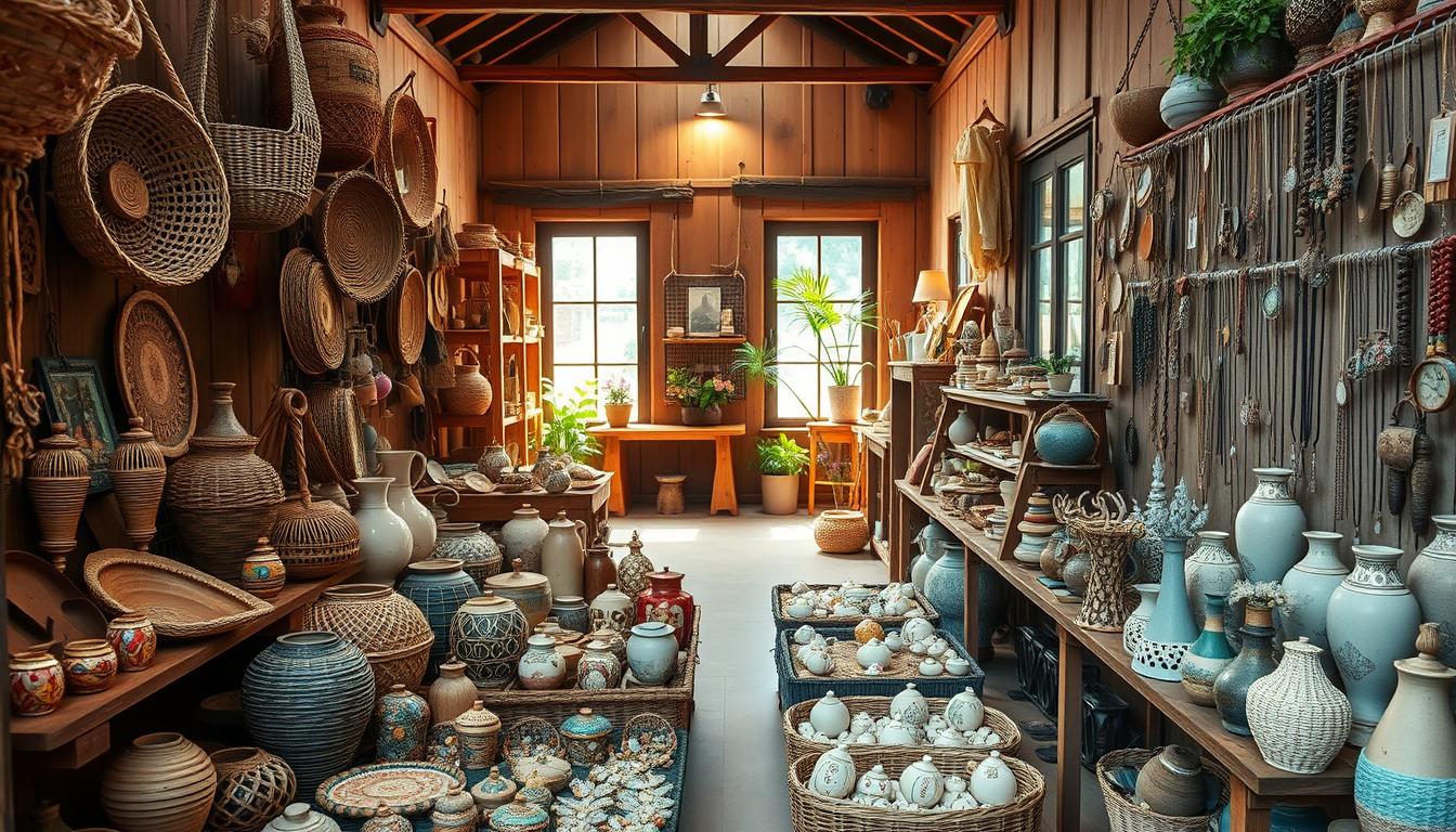 A vibrant display of handmade crafts for sale, showcased in a rustic, artisanal setting. The foreground features an array of intricate, one-of-a-kind items, such as woven baskets, ceramic vases, and delicate jewelry pieces, all arranged with care on wooden shelves. The middle ground depicts a cozy, well-lit interior, with soft natural lighting filtering in through large windows, casting a warm glow on the crafts. In the background, a backdrop of weathered wooden walls and a few potted plants creates a charming, homespun atmosphere, emphasizing the handmade nature of the products. The overall scene conveys a sense of artistry, craftsmanship, and the joy of discovering unique, handcrafted treasures.