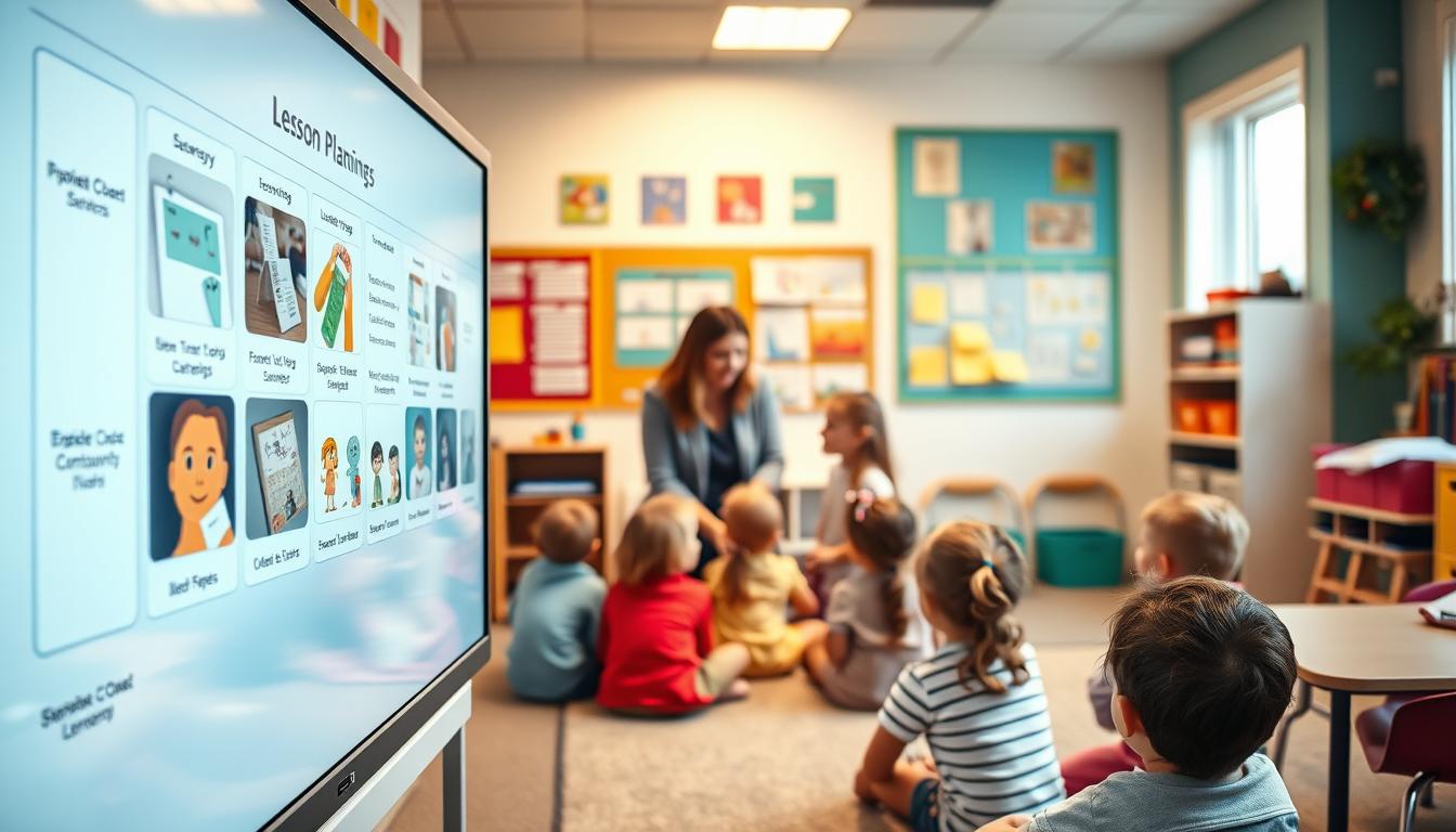 A cozy classroom scene with a digital interactive whiteboard prominently displayed in the foreground, showcasing various lesson planning strategies and activities. In the middle ground, a group of attentive preschool students gather around a teacher, engaged in a collaborative learning experience. The background features a warm, inviting decor with colorful wall displays and educational resources, all bathed in soft, natural lighting. The overall atmosphere conveys a sense of creativity, interactivity, and a nurturing learning environment.