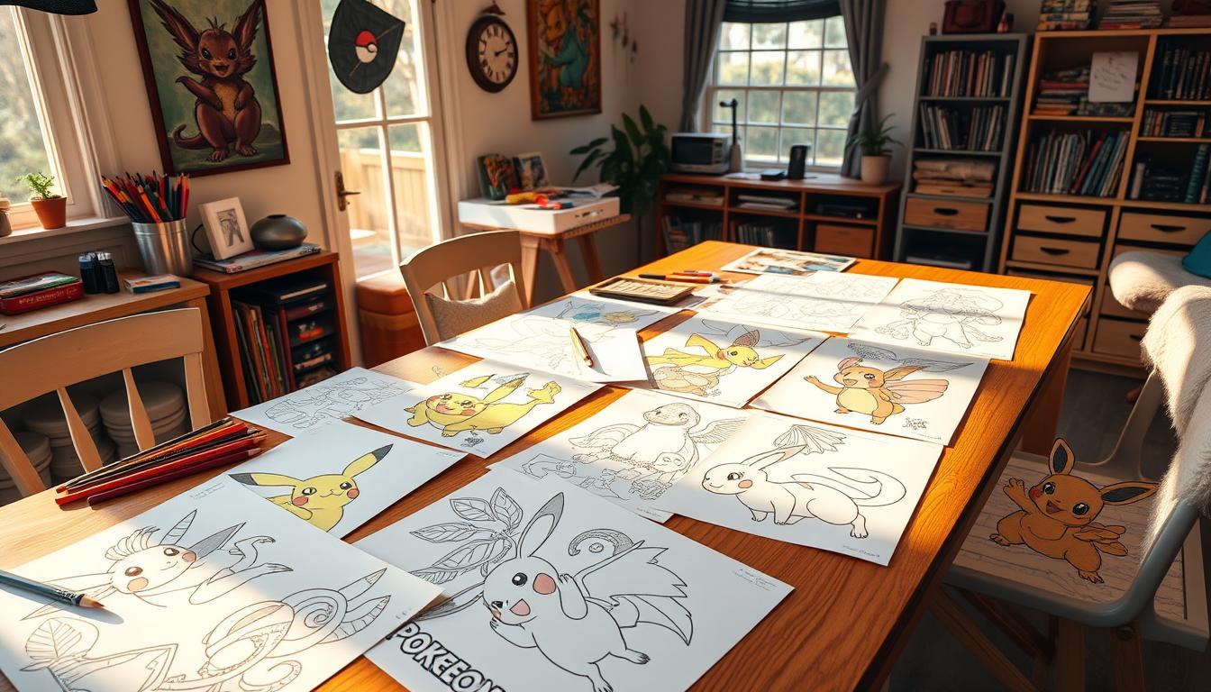 A cozy, well-lit home studio filled with vibrant, detailed Pokemon coloring pages sprawled across a large wooden table. The pages feature beloved characters like Pikachu, Charizard, and Eevee, their bold outlines and vibrant colors beckoning to be filled in. Soft, diffused natural light streams in through a nearby window, casting a warm glow over the scene. Carefully arranged art supplies, including colored pencils, markers, and watercolors, stand ready to bring these Pokemon to life. The overall mood is one of creativity, nostalgia, and the joy of artistic expression.