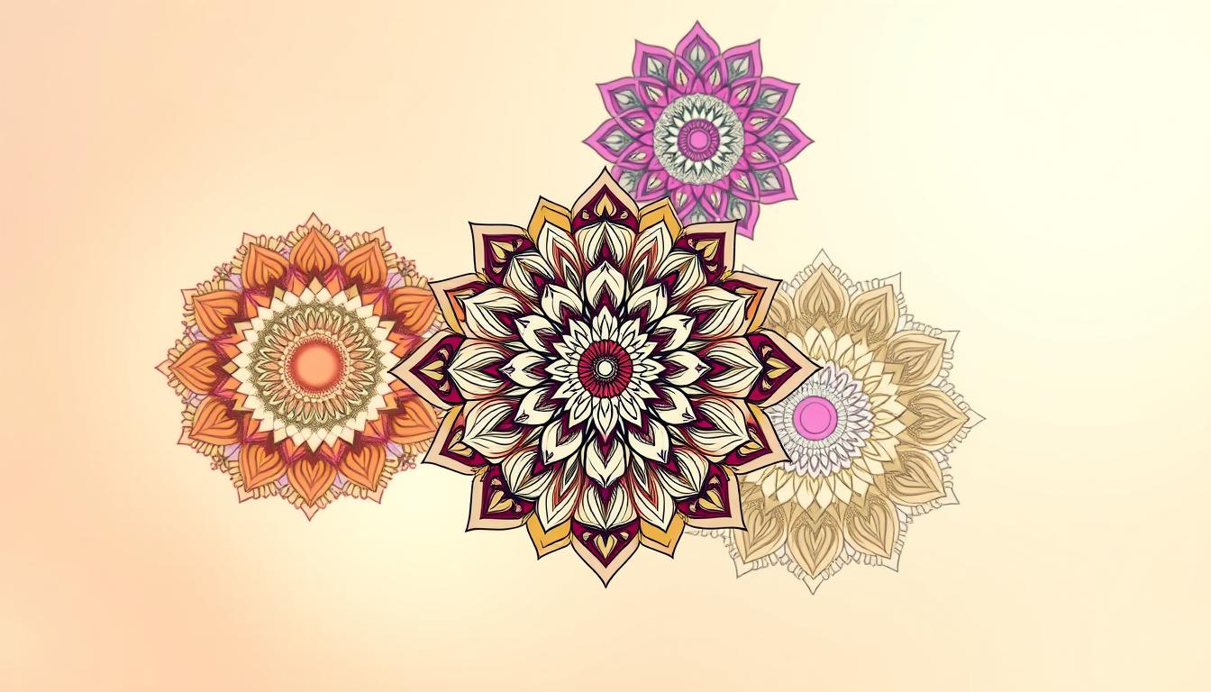 Detailed, vibrant mandala coloring pages floating in a serene, pastel-toned background. Meticulously rendered intricate patterns and designs in a variety of colors, shapes, and symmetries. Soft, diffused lighting casts a warm, inviting glow. The mandalas are presented in a clean, minimalist layout, allowing the viewer to focus on the beauty and complexity of the artwork. Overall, a sense of tranquility, wonder, and joy radiates from the image, capturing the essence of free, downloadable mandala coloring sheets.