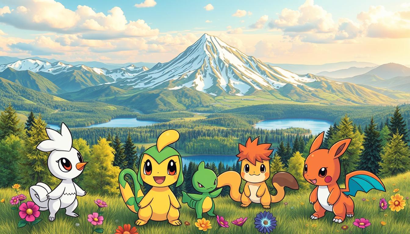 A vibrant landscape of the Sinnoh region, home to the fourth generation of Pokemon. In the foreground, a collection of fan-favorite Sinnoh Pokemon, including Piplup, Turtwig, and Chimchar, each waiting to be colored. The middle ground showcases the majestic Mount Coronet, its snowy peaks glistening under a warm, diffused light. In the background, the serene lakes and lush forests of Sinnoh create a tranquil, hyper-realistic backdrop. The scene is infused with a sense of wonder and exploration, inviting the viewer to immerse themselves in the coloring experience and discover the unique charm of the Sinnoh region.