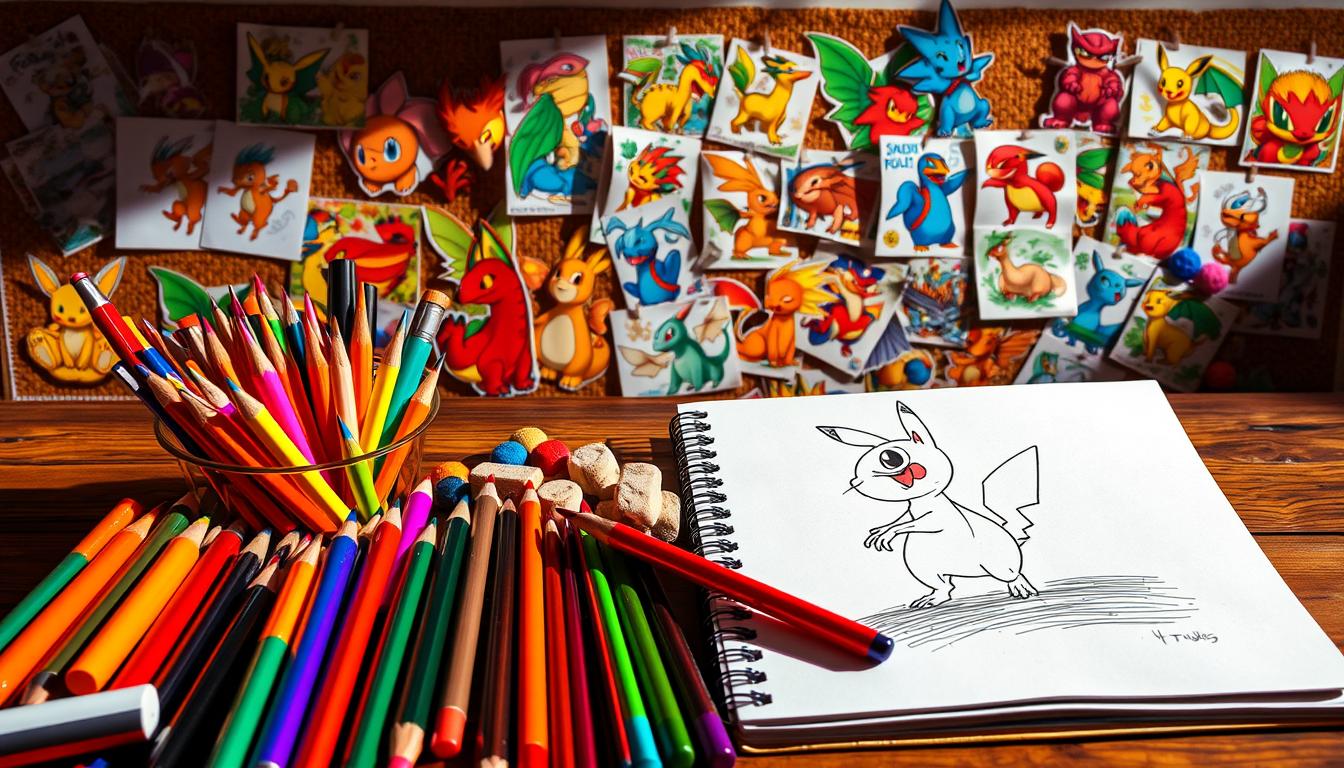 A vibrant still life of essential Pokemon coloring tools arranged on a wooden surface. In the foreground, a range of high-quality colored pencils, markers, and brushes in a variety of vivid hues. In the middle ground, an open sketchbook with a half-finished Pokemon illustration, surrounded by a selection of specialty blending stumps and kneaded erasers. The background features a collection of diverse, hyper-realistic Pokemon reference images pinned to a cork board, bathed in warm, directional lighting that casts dramatic shadows. The overall scene evokes a sense of creativity, passion, and the joy of bringing beloved Pokemon characters to life through the art of vibrant coloring.