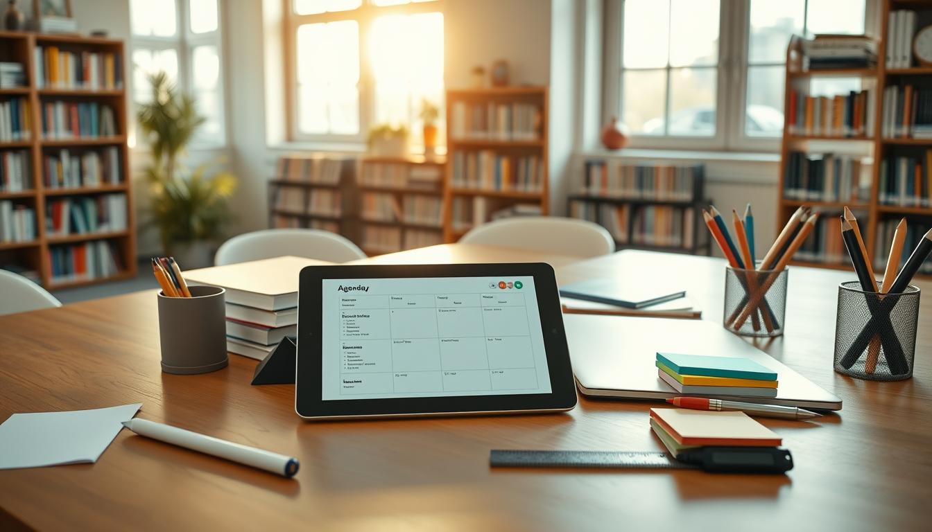 A meticulously organized desk, illuminated by warm, natural light filtering through large windows. On the surface, an array of digital tools and platforms: a tablet displaying a daily agenda template, next to a stylus and a sleek, minimalist laptop. Alongside, carefully arranged stationery items - colorful sticky notes, a ruler, and a modern pen holder. In the background, bookcases filled with educational resources and curriculum guides, creating a cozy, inspiring atmosphere for curriculum planning and organization.